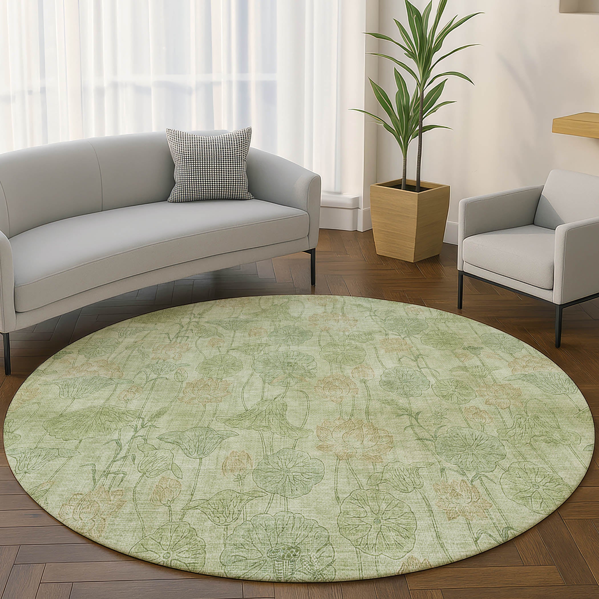 Sintra Machine Washable Transitional Sage Green Rug 8' x 8' #shape_Round