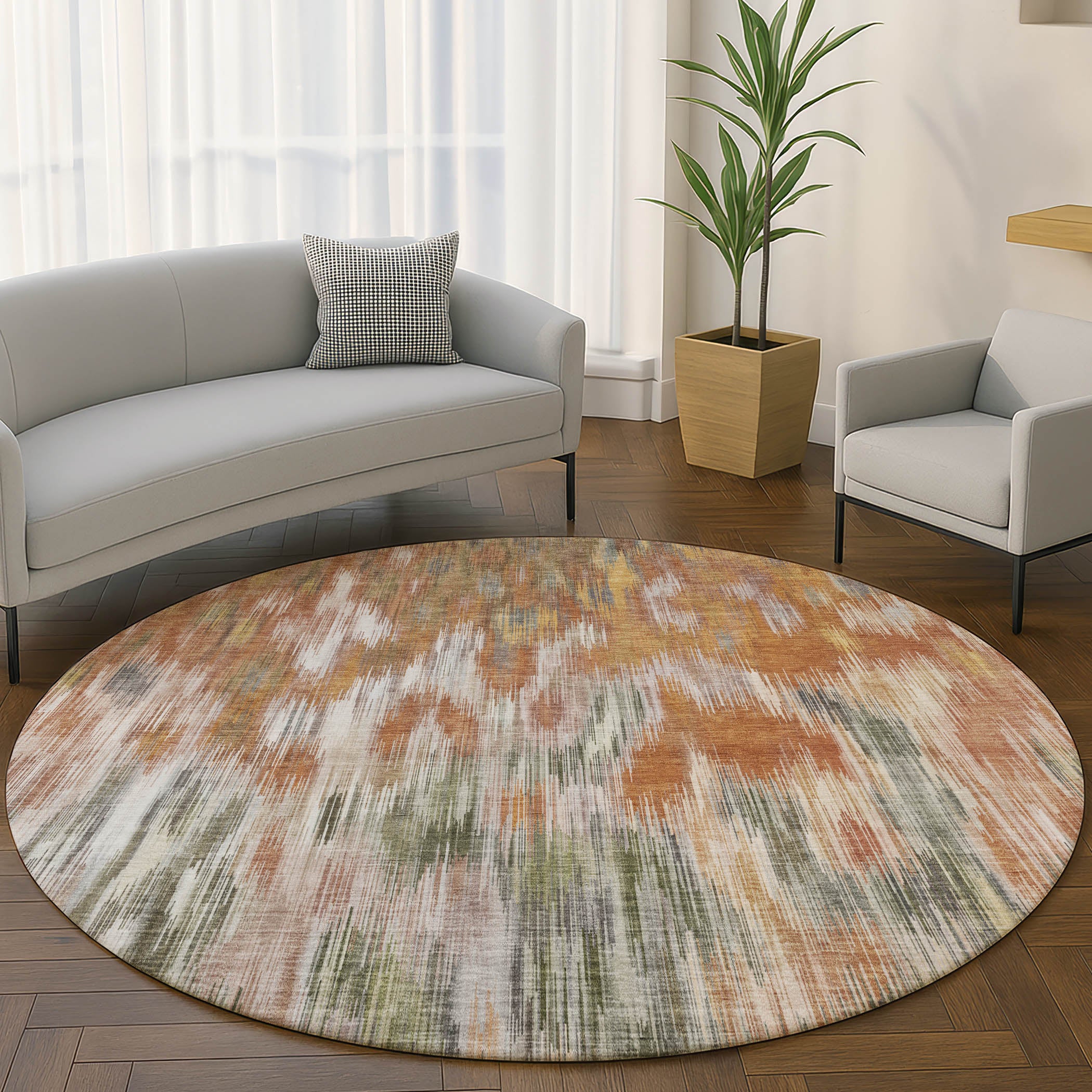 Mostar Machine Washable Transitional Terracotta Orange Rug 8' x 8' #shape_Round