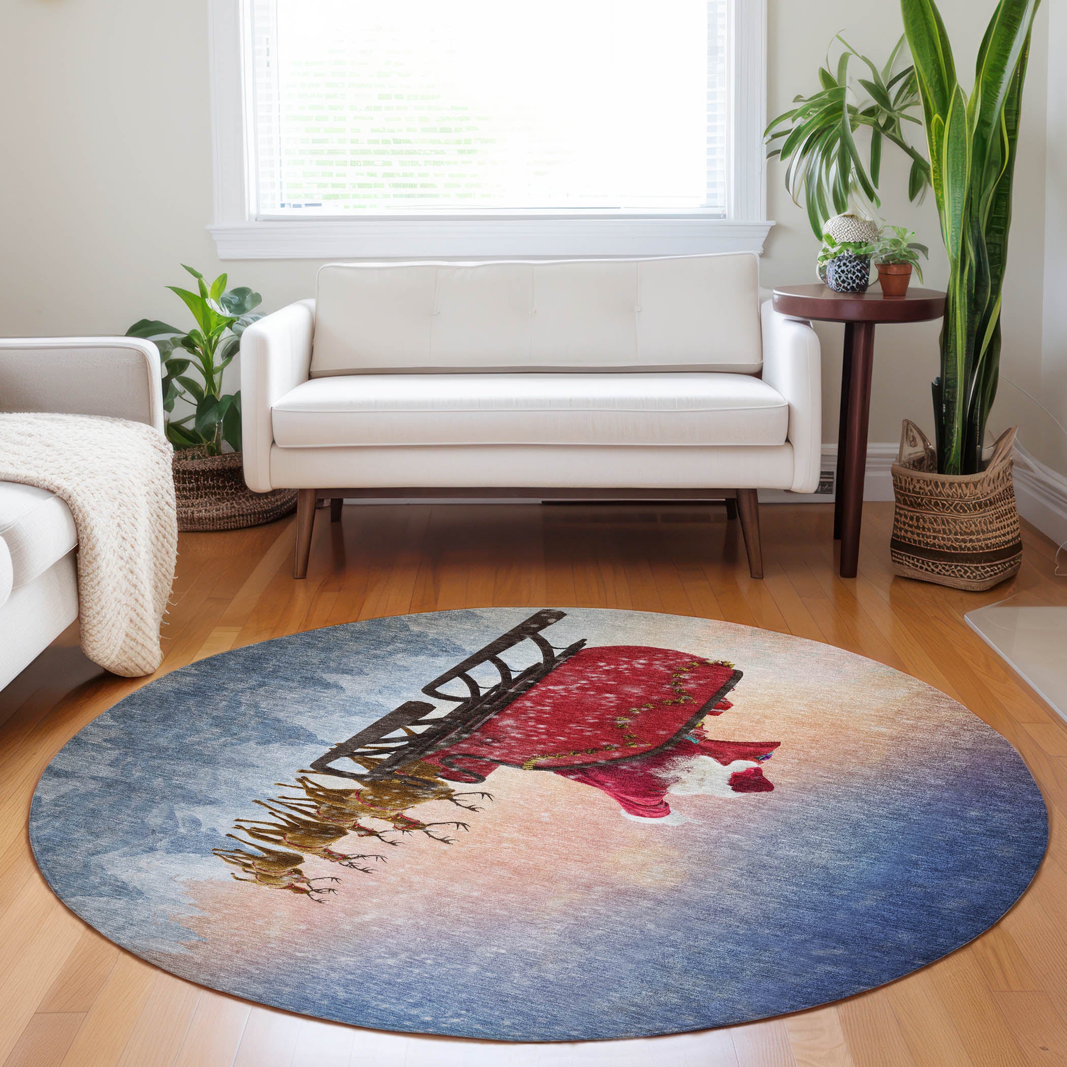 Colombo Machine Washable Holiday Blue Rug 8' x 8' #shape_Round