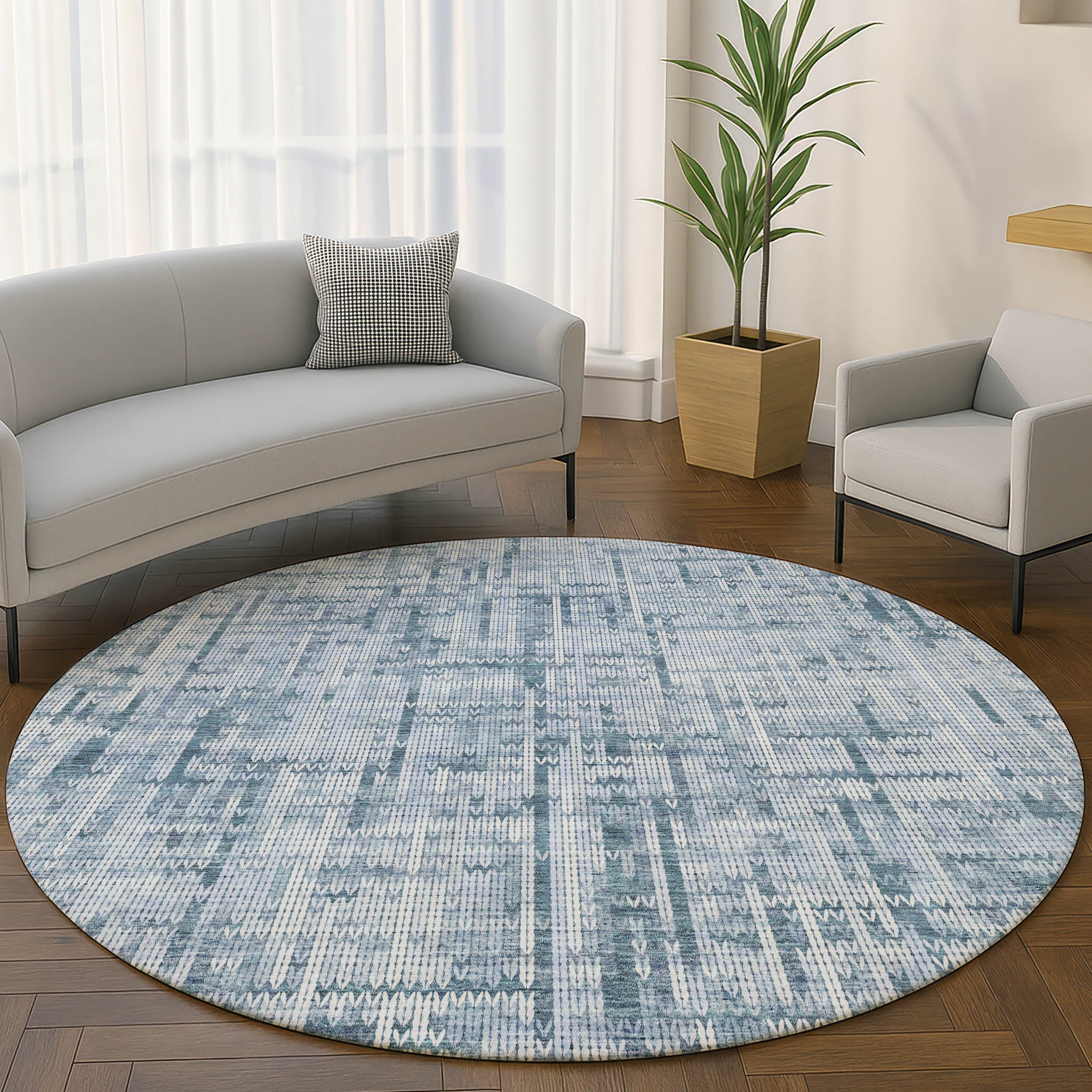 Kotor Machine Washable Transitional Blue Rug 8' x 8' #shape_Round
