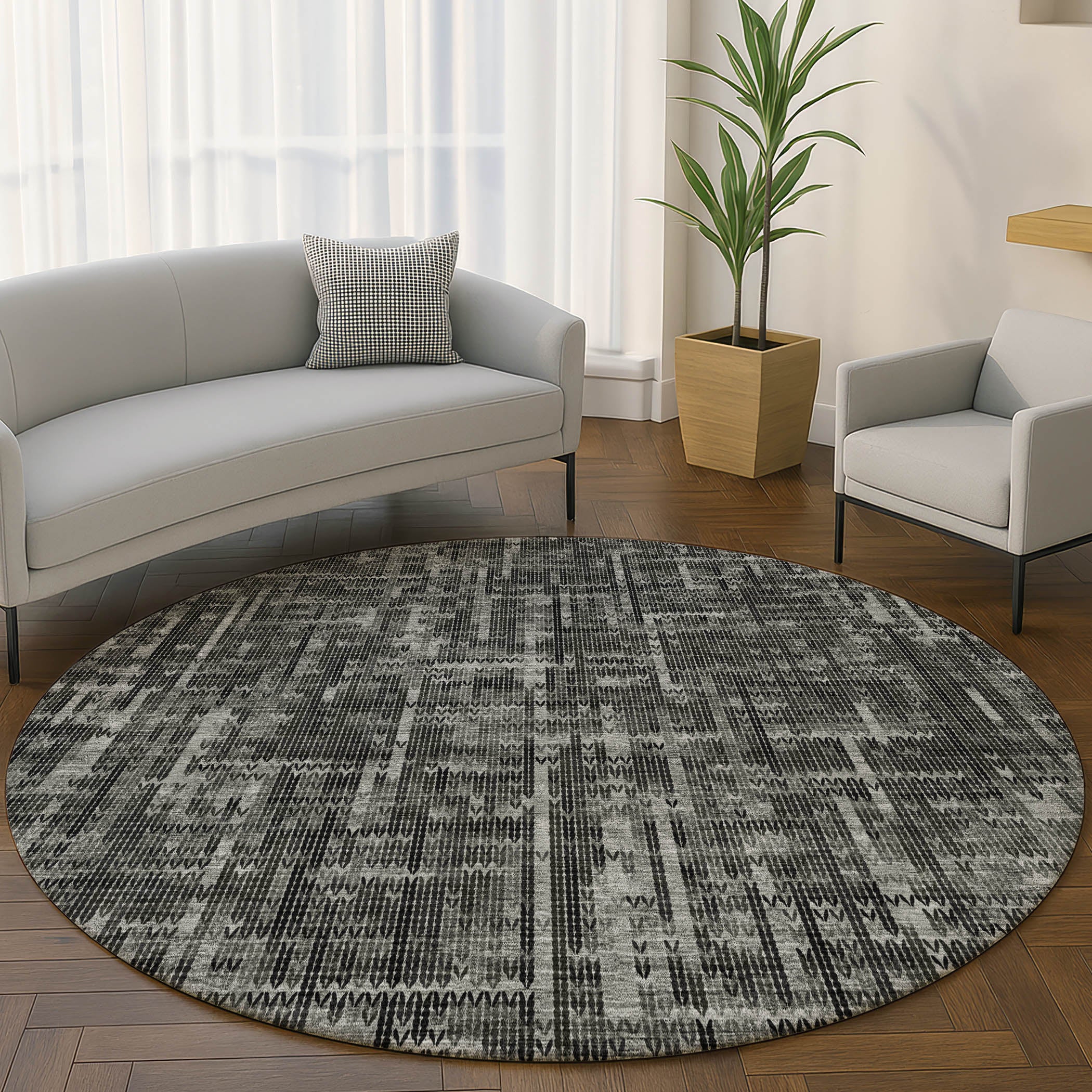 Kotor Machine Washable Transitional Charcoal Gray Rug 8' x 8' #shape_Round