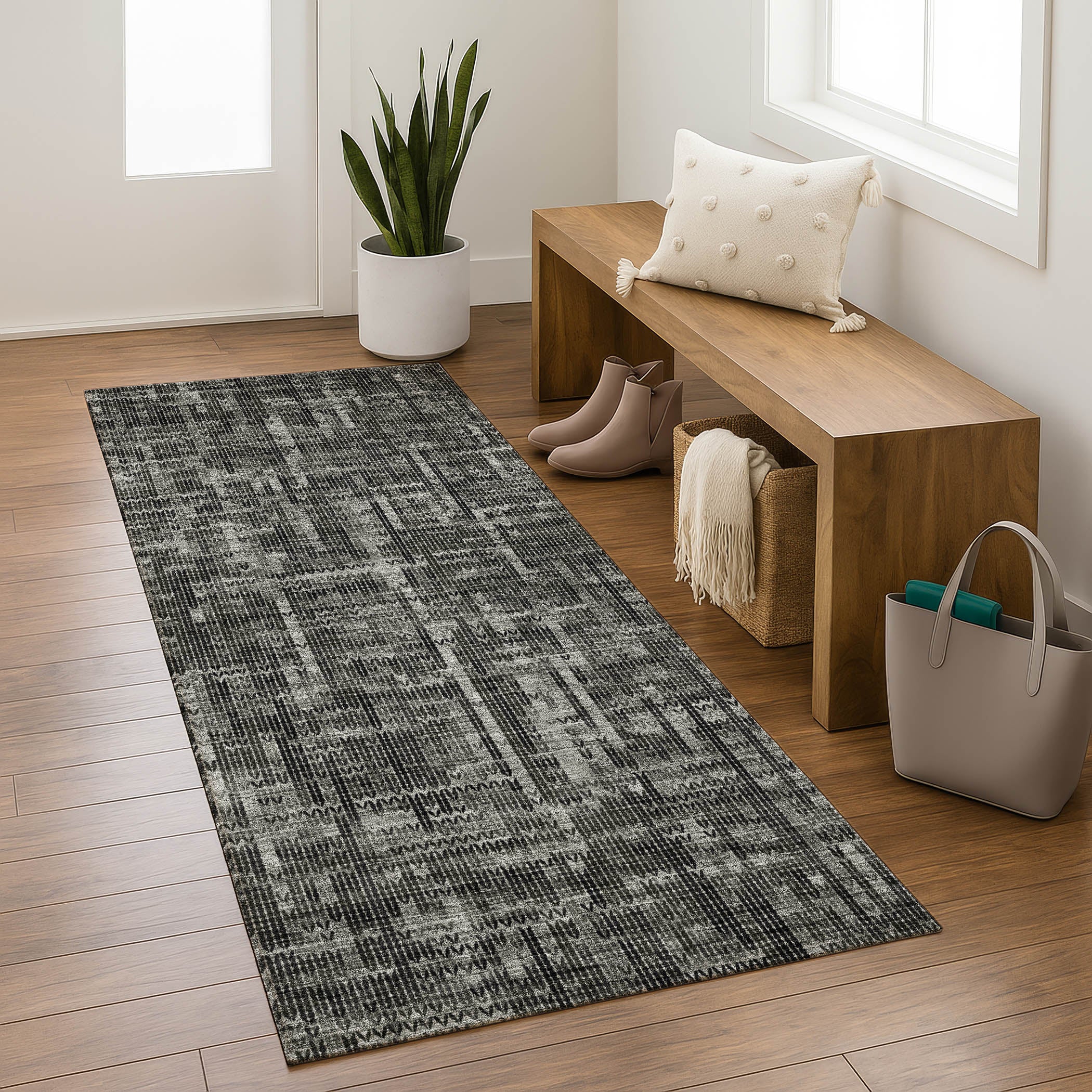 Kotor Machine Washable Transitional Charcoal Gray Rug 2'3" x 7'6" #shape_Runner