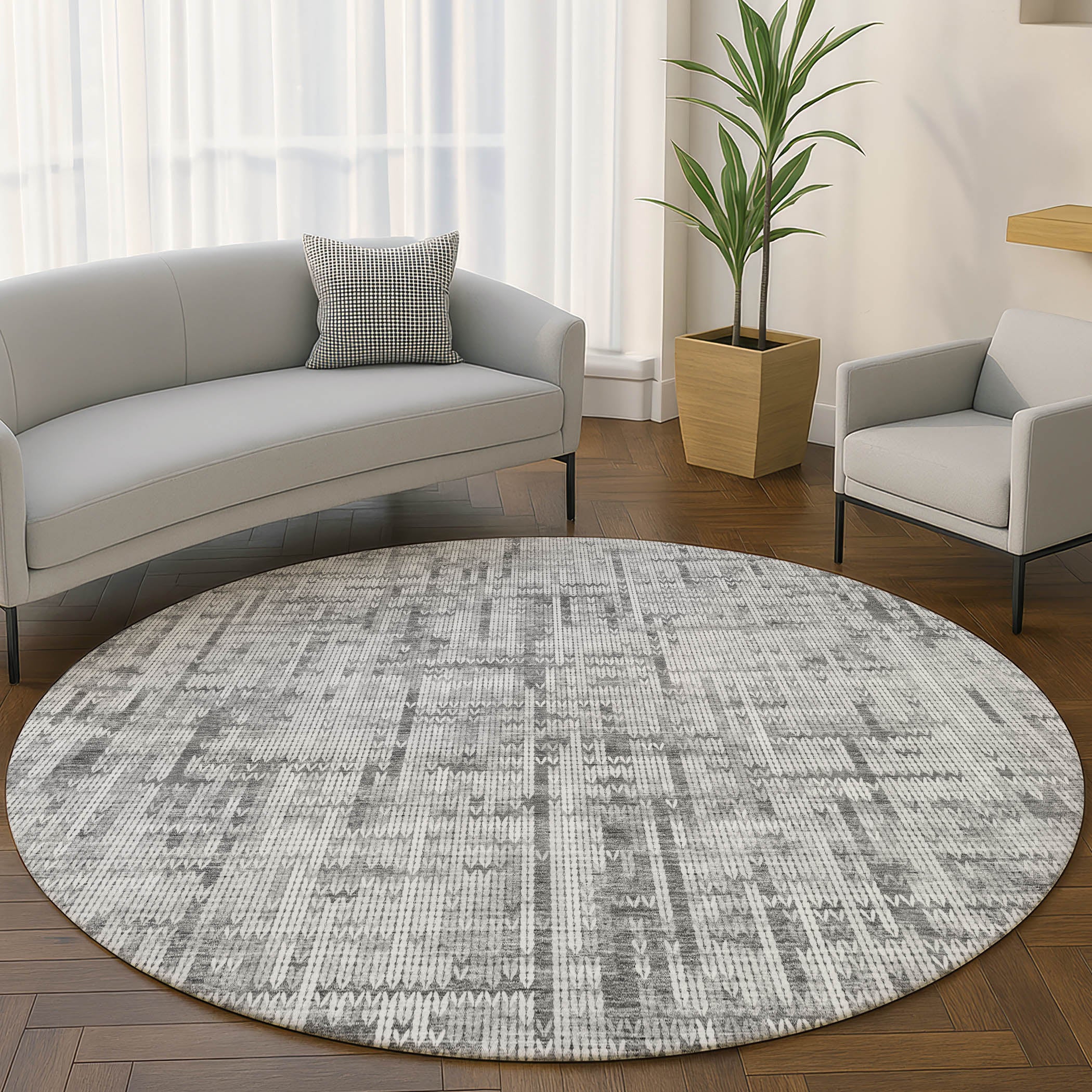 Kotor Machine Washable Transitional Gray Rug 8' x 8' #shape_Round