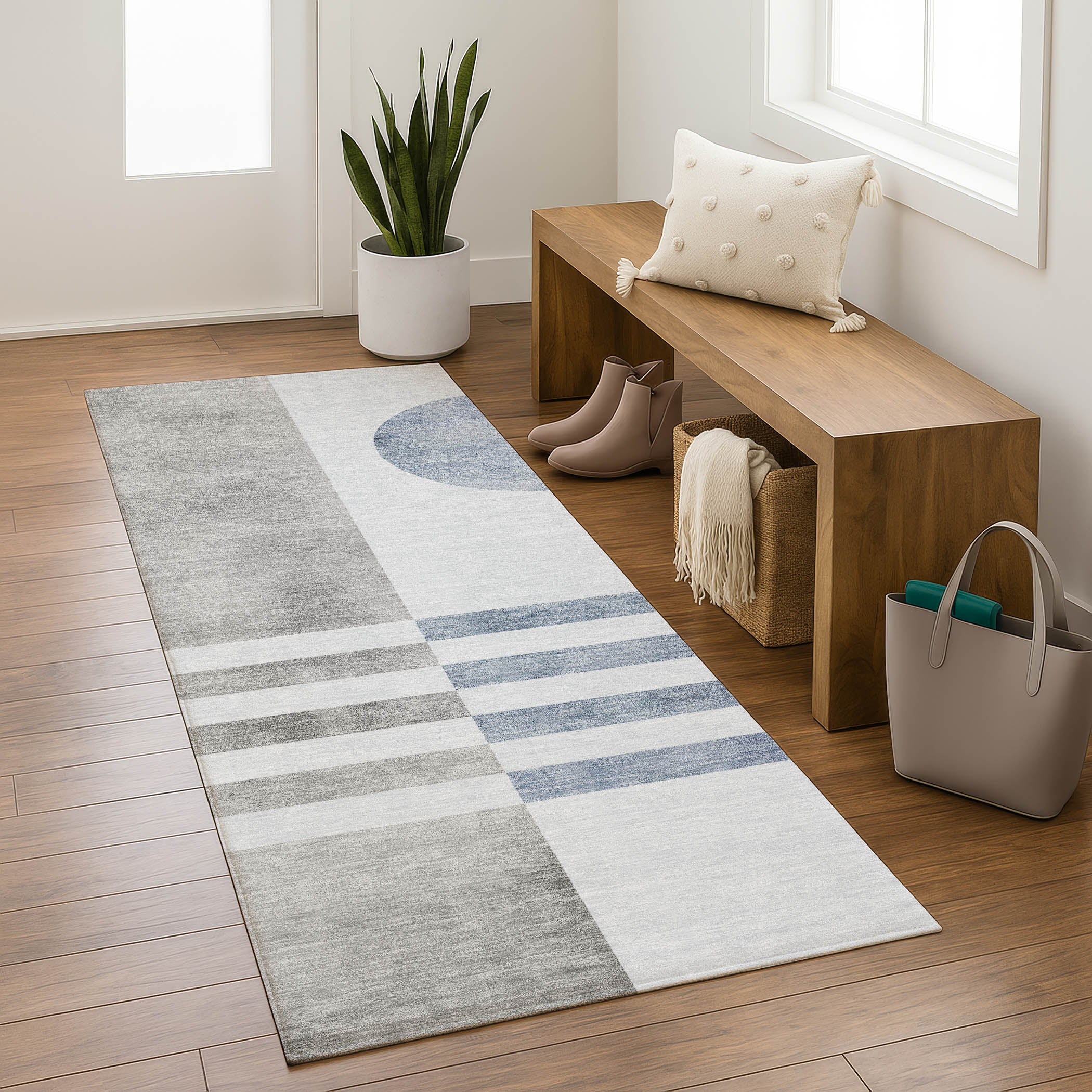 Valletta Machine Washable Transitional Blue Rug 2'3" x 7'6" #shape_Runner