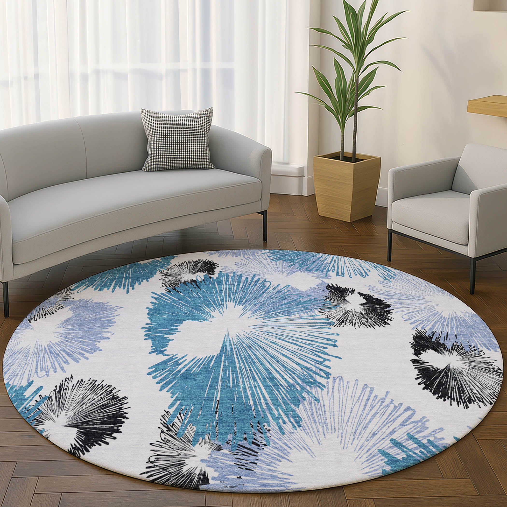 Marrakech Machine Washable Transitional Blue Rug 8' x 8' #shape_Round