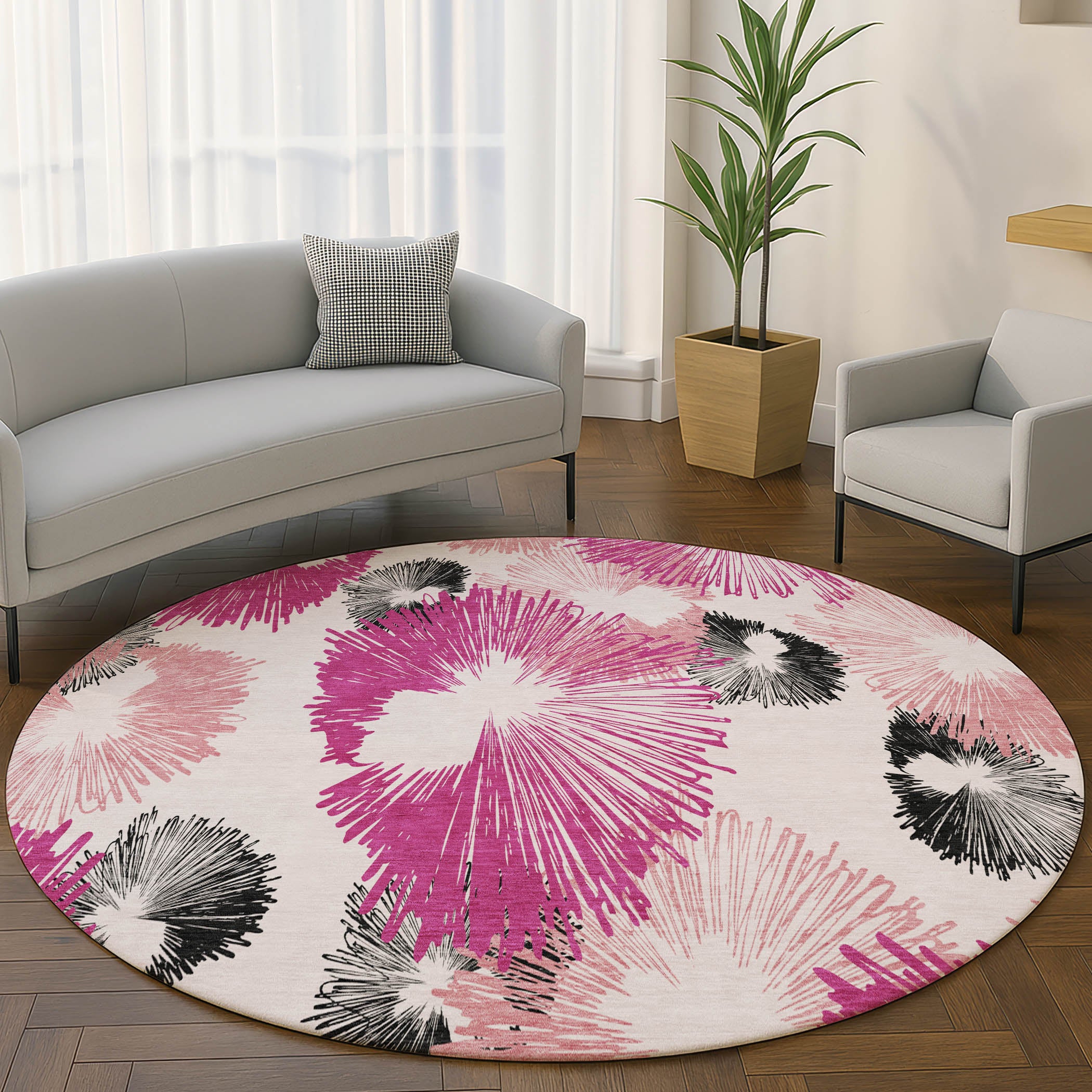 Marrakech Machine Washable Transitional Pink Rug 8' x 8' #shape_Round