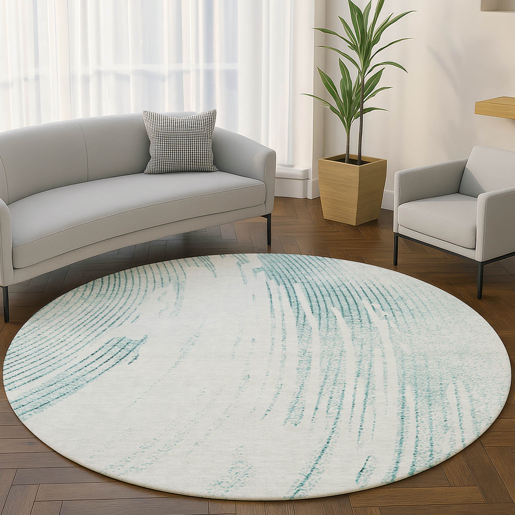 Dublin Machine Washable Transitional Teal Rug 8' x 8' #shape_Round