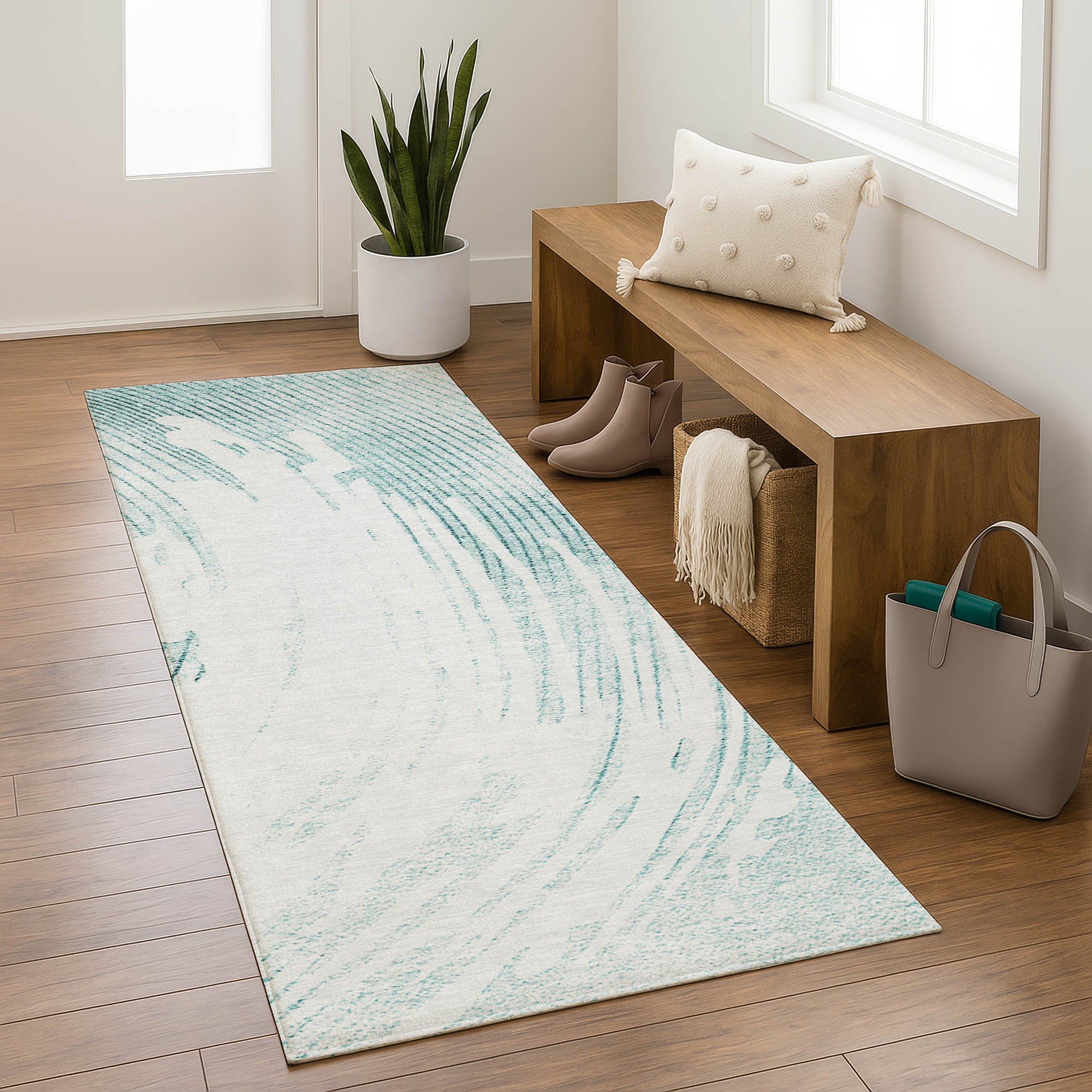 Dublin Machine Washable Transitional Teal Rug 2'3" x 7'6" #shape_Runner