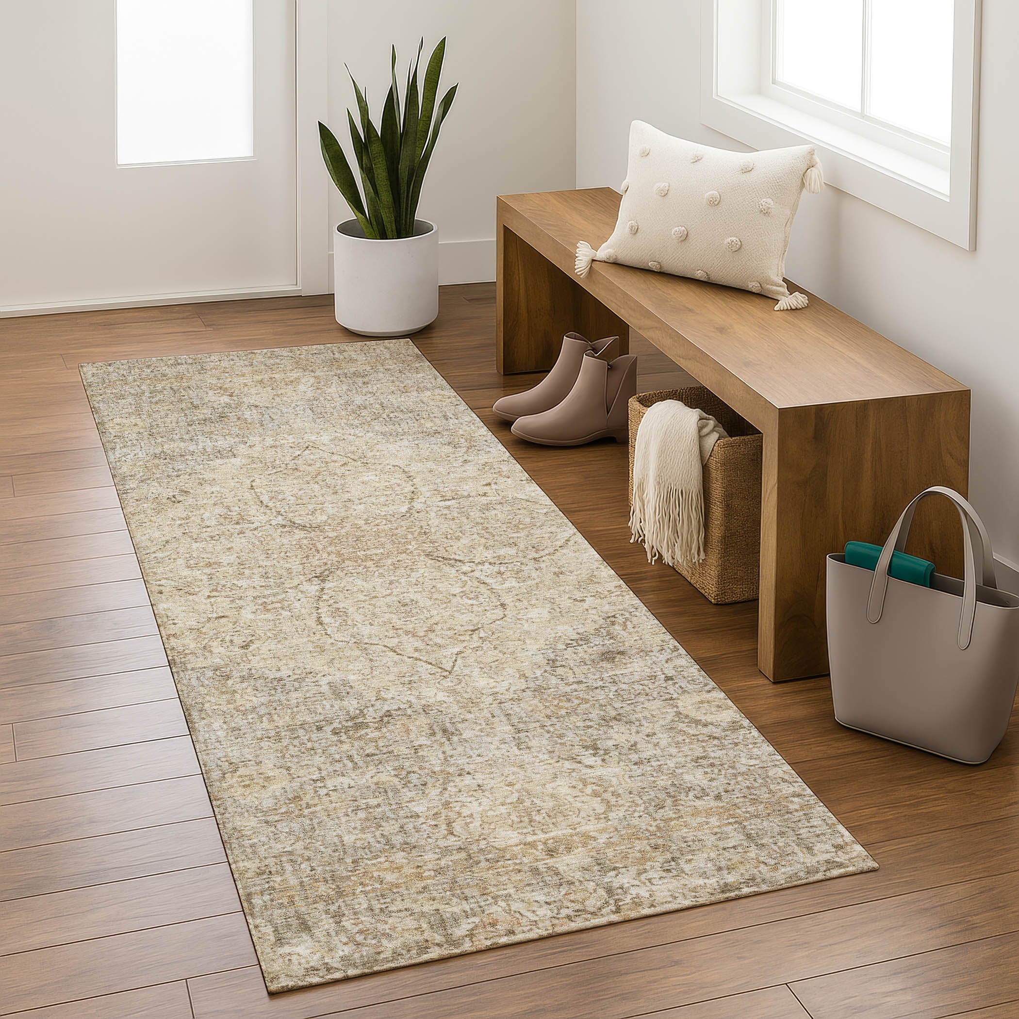 Marrakech Machine Washable Traditional Beige Brown Rug 2'3" x 7'6" #shape_Runner