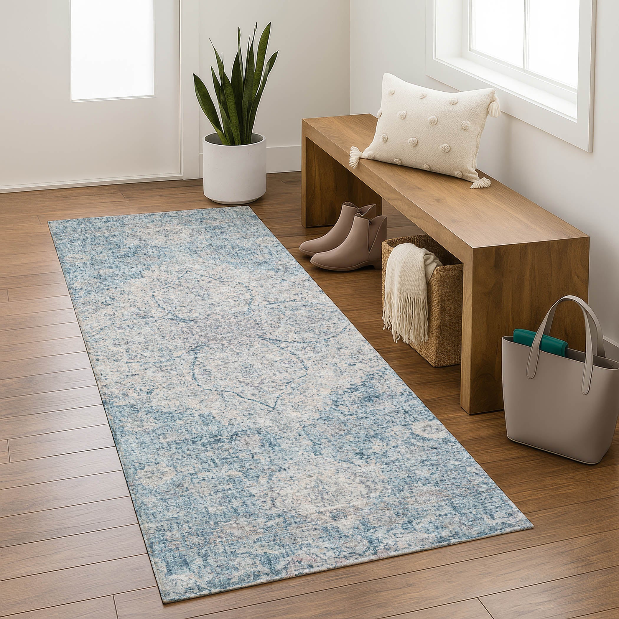 Marrakech Machine Washable Traditional Denim Blue Rug 2'3" x 7'6" #shape_Runner