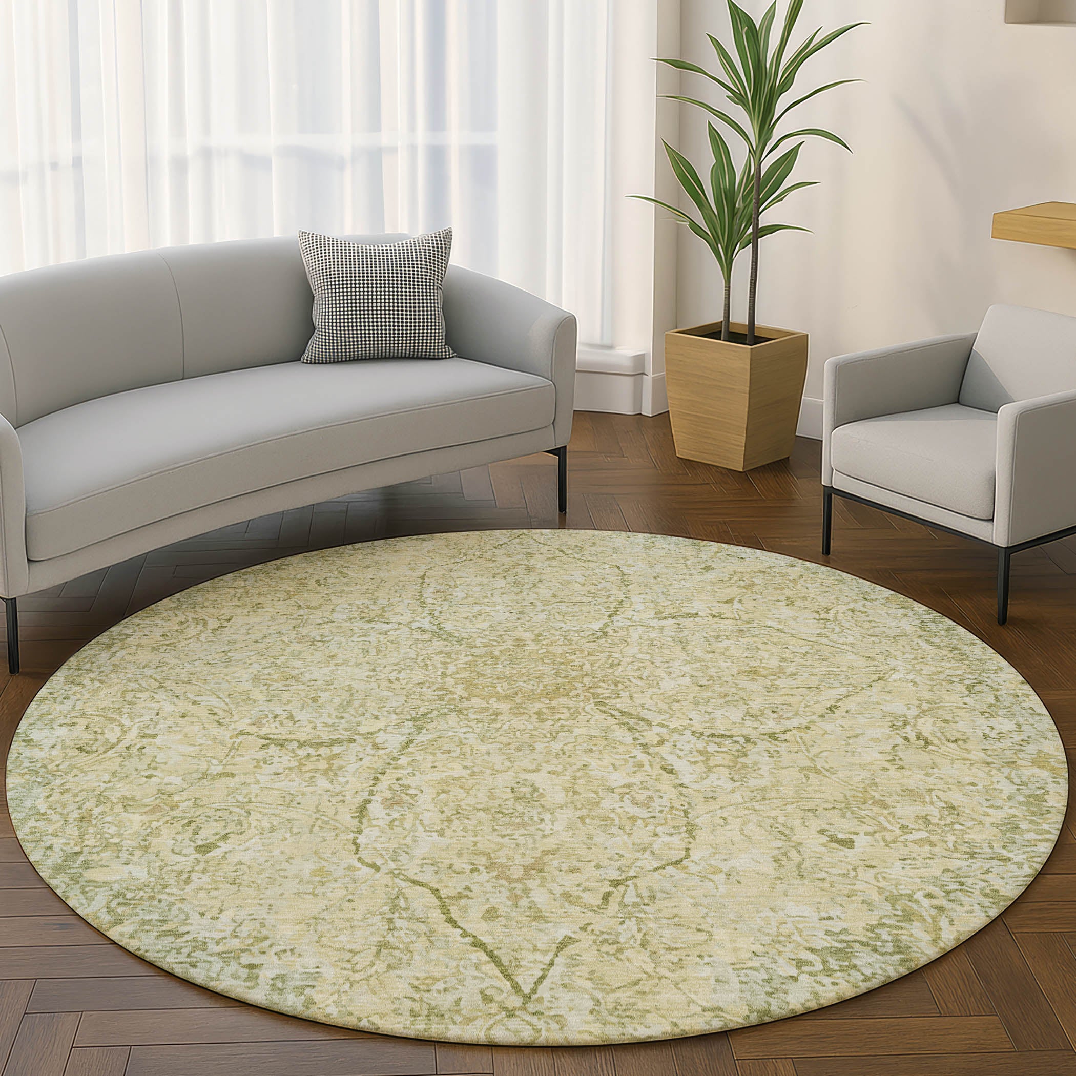 Marrakech Machine Washable Traditional Sage Green Rug 8' x 8' #shape_Round