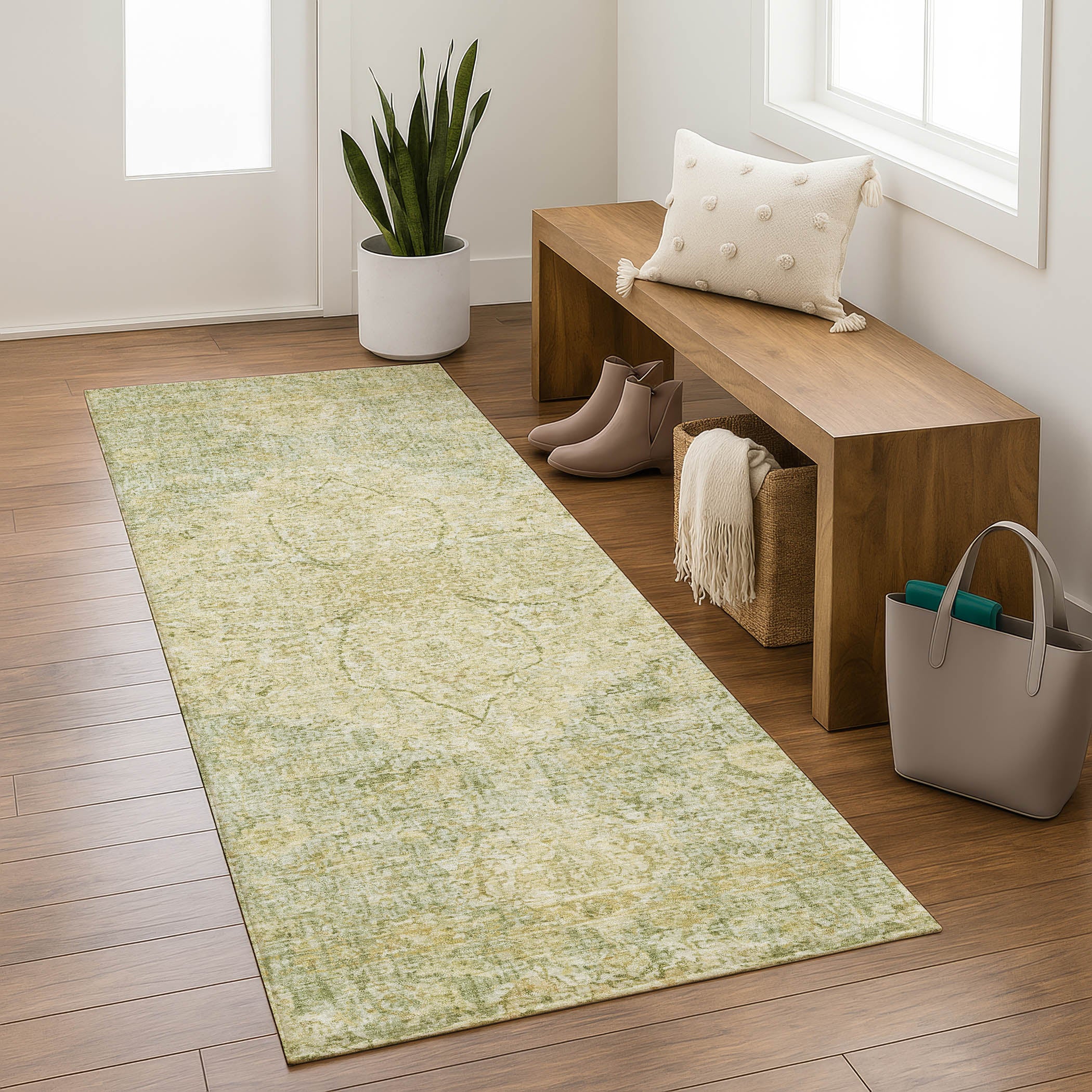 Marrakech Machine Washable Traditional Sage Green Rug 2'3" x 7'6" #shape_Runner