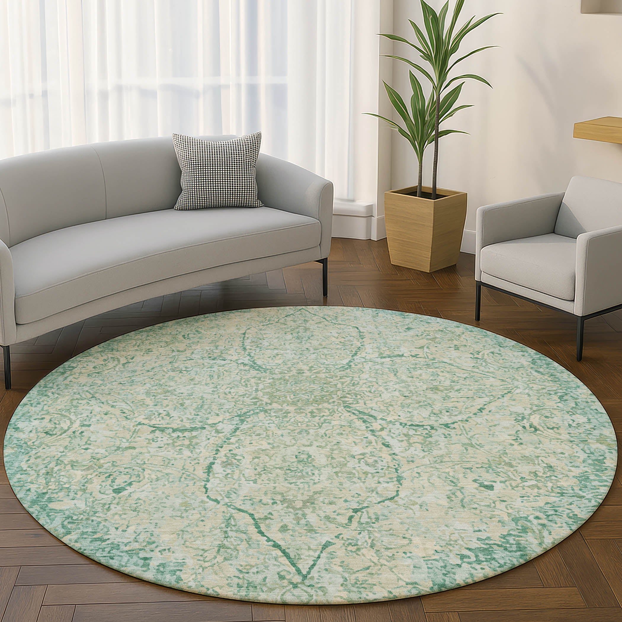 Marrakech Machine Washable Traditional Teal Rug 8' x 8' #shape_Round