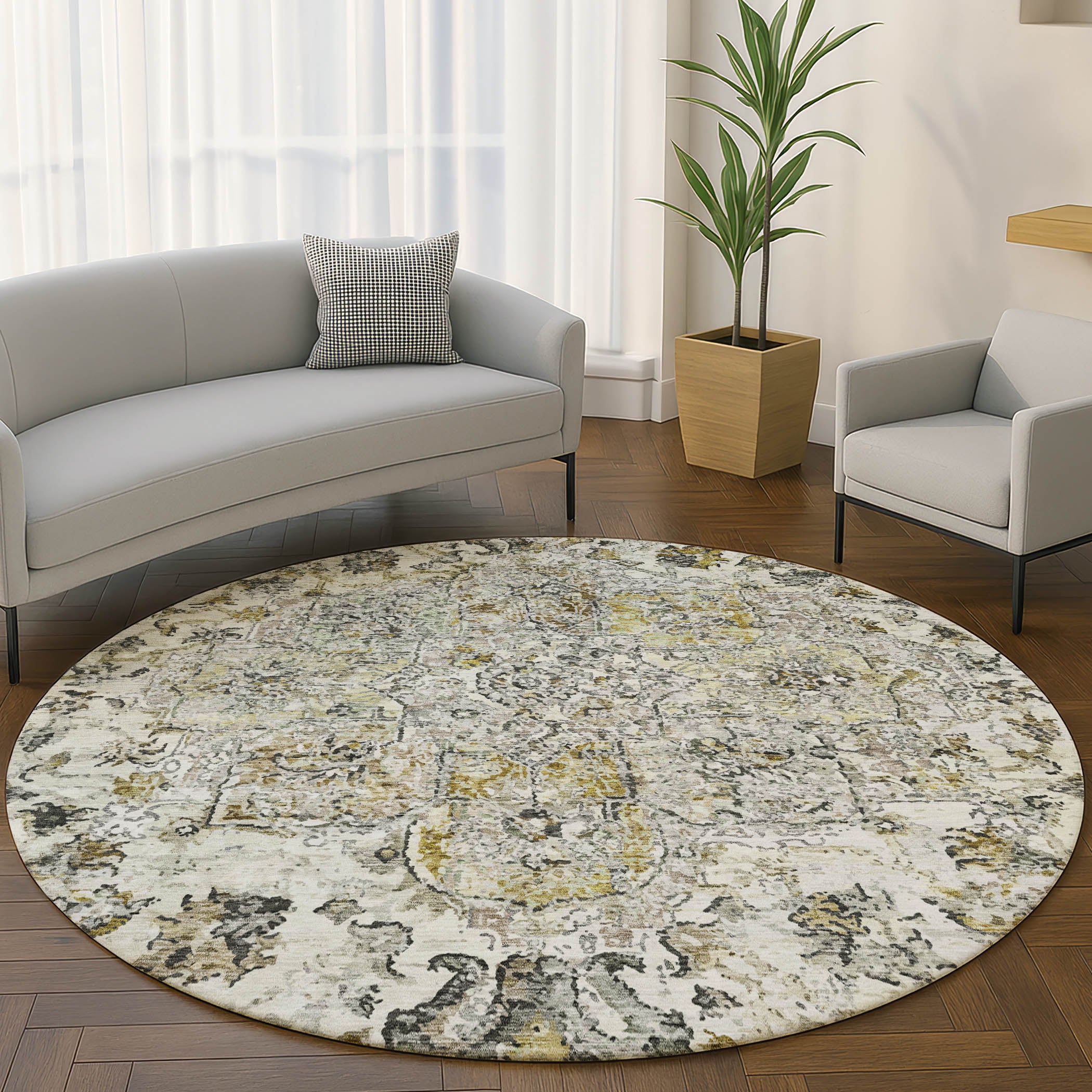 Bogota Machine Washable Traditional Beige Brown Rug 8' x 8' #shape_Round