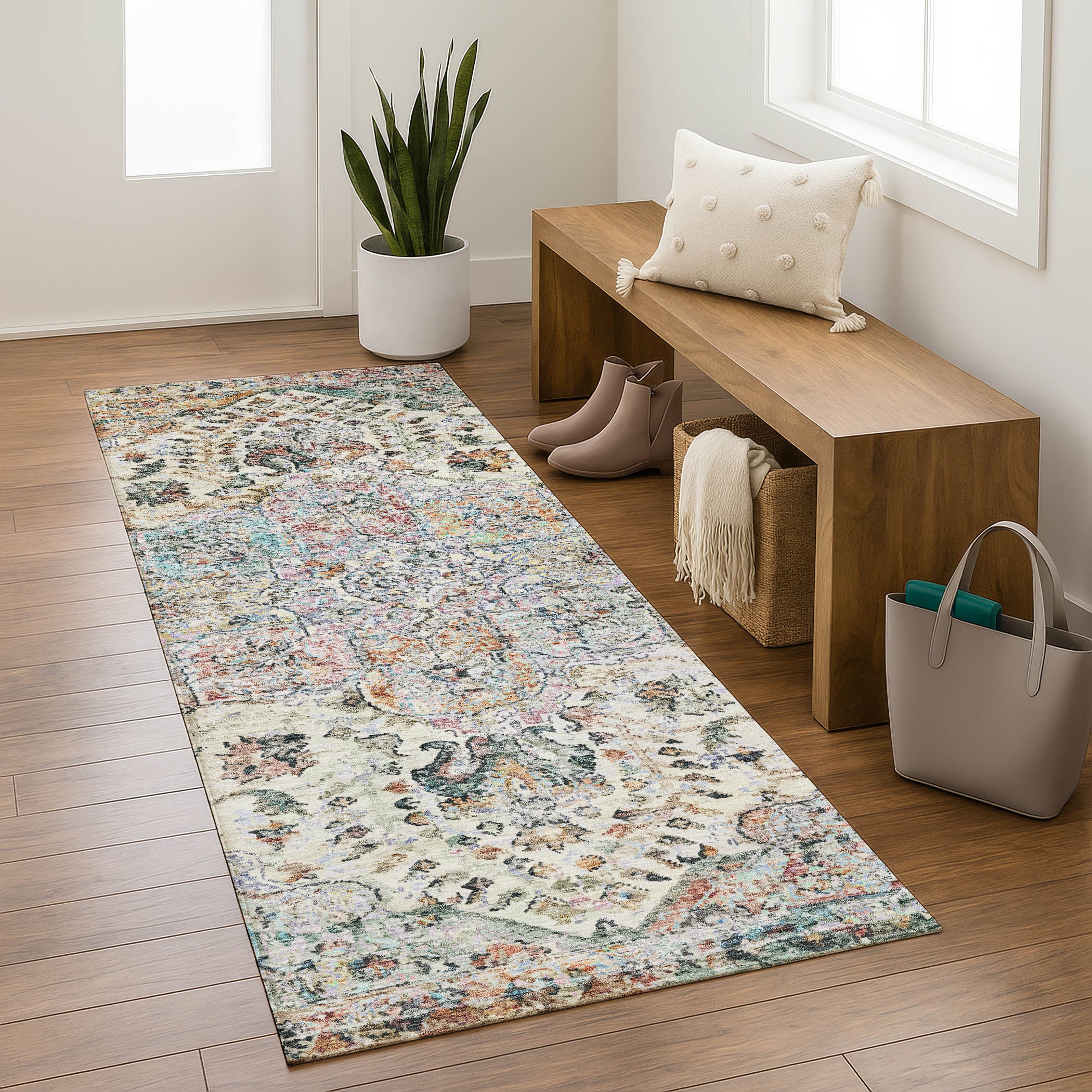 Bogota Machine Washable Traditional Sage Green Rug 2'3" x 7'6" #shape_Runner