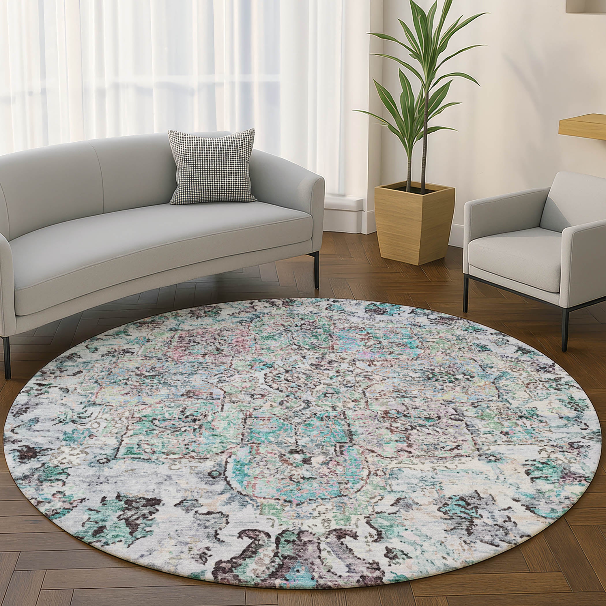 Bogota Machine Washable Traditional Sky Blue Rug 8' x 8' #shape_Round