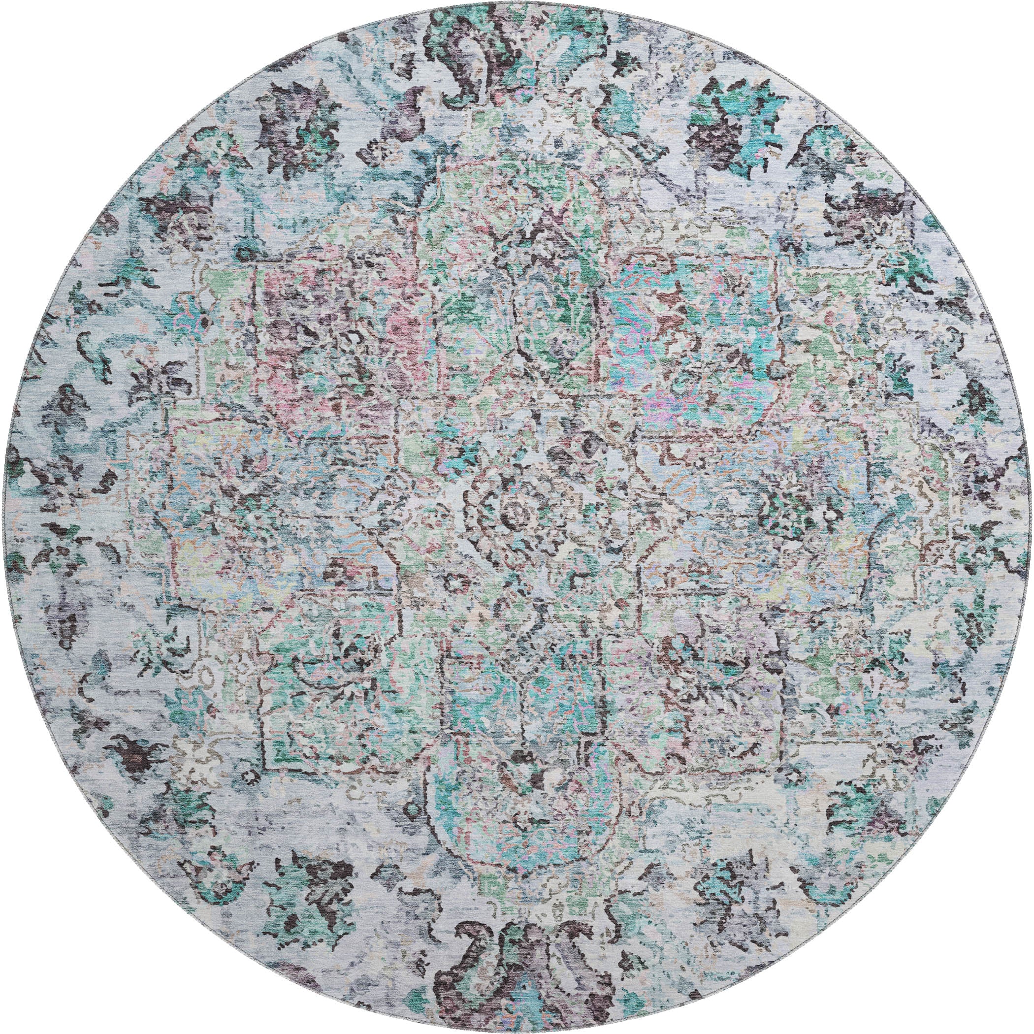Bogota Machine Washable Traditional Sky Blue Rug 8' x 8' #shape_Round