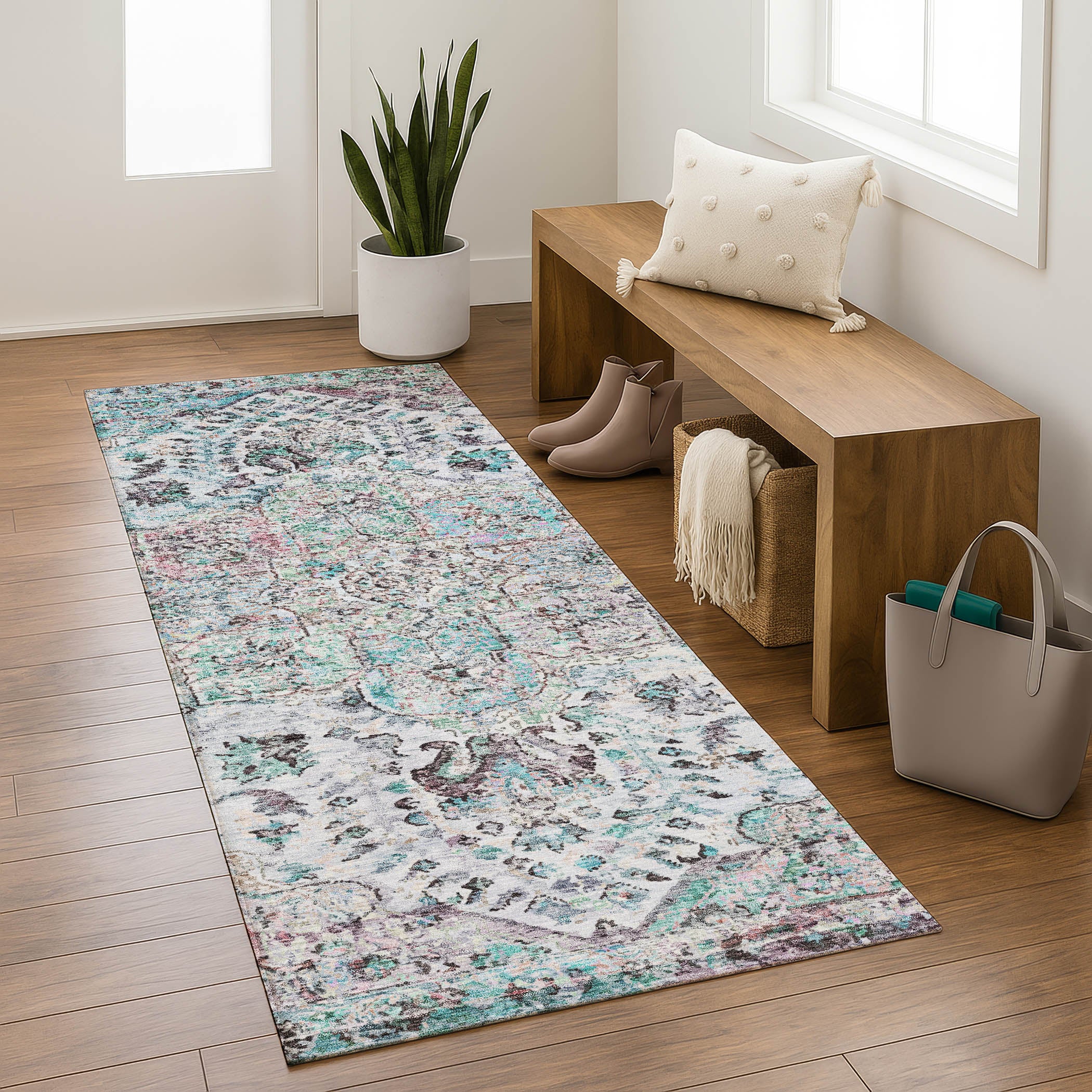 Bogota Machine Washable Traditional Sky Blue Rug 2'3" x 7'6" #shape_Runner