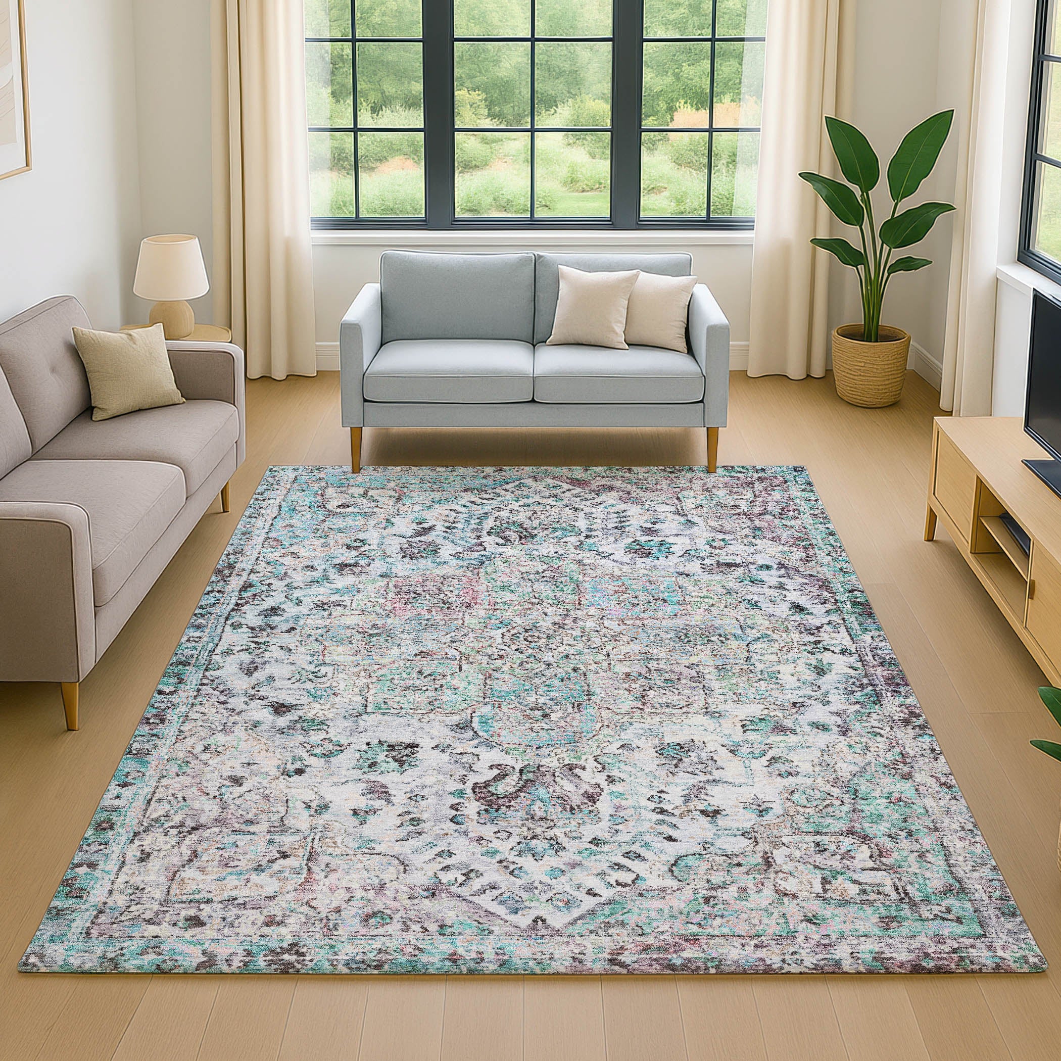 Bogota Machine Washable Traditional Sky Blue Rug 2'6" x 3'10" #shape_Rectangle