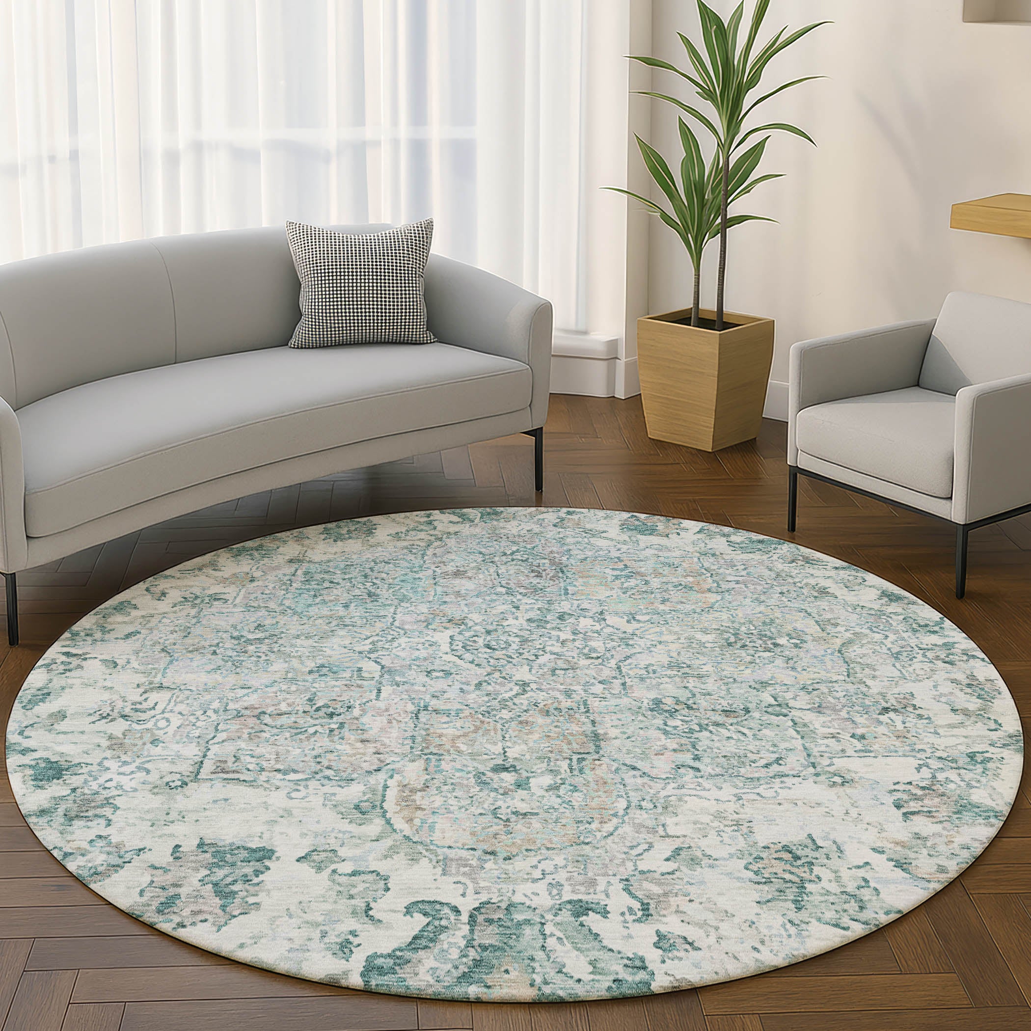 Bogota Machine Washable Traditional Teal Rug 8' x 8' #shape_Round