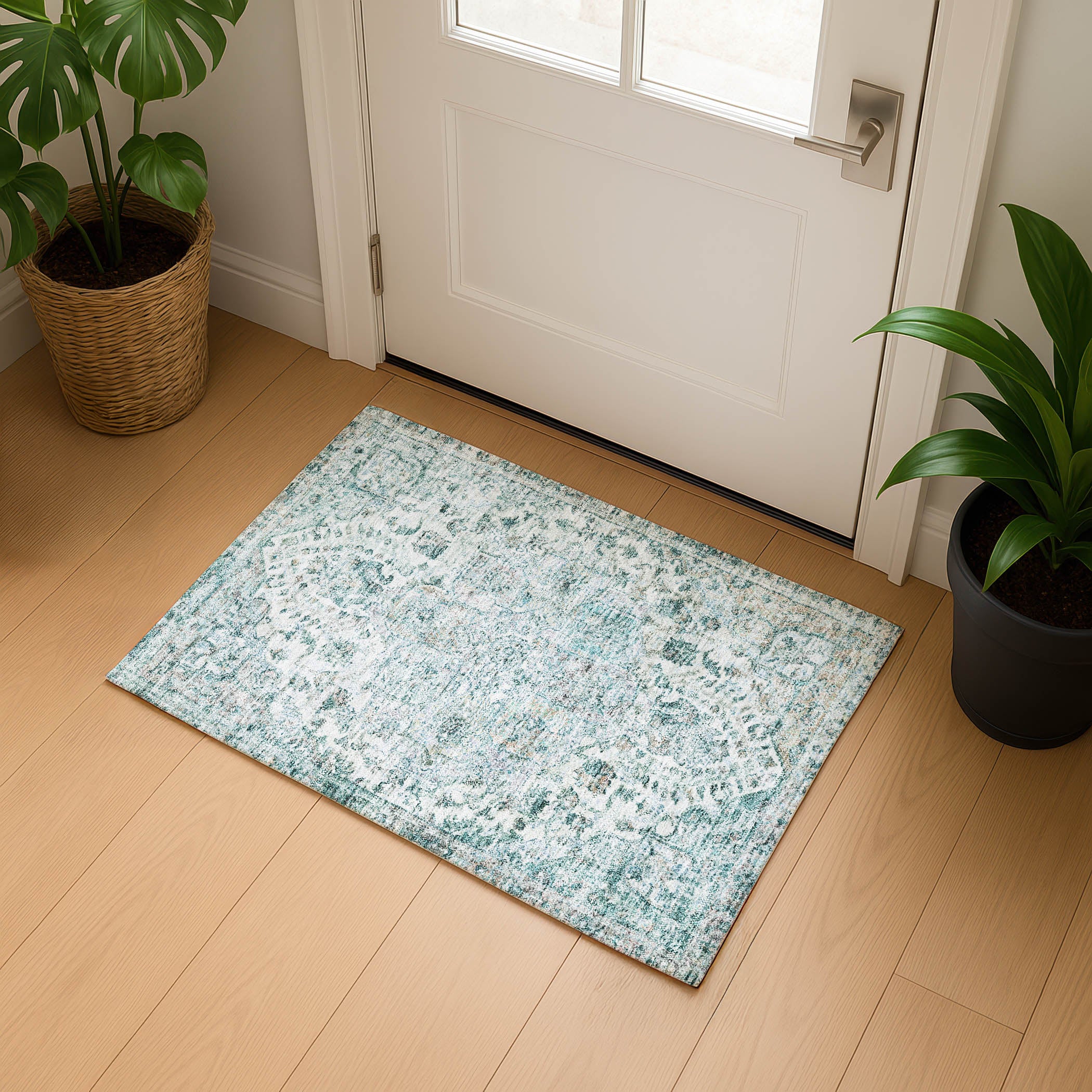 Bogota Machine Washable Traditional Teal Rug 1'8" x 2'6" #shape_Rectangle