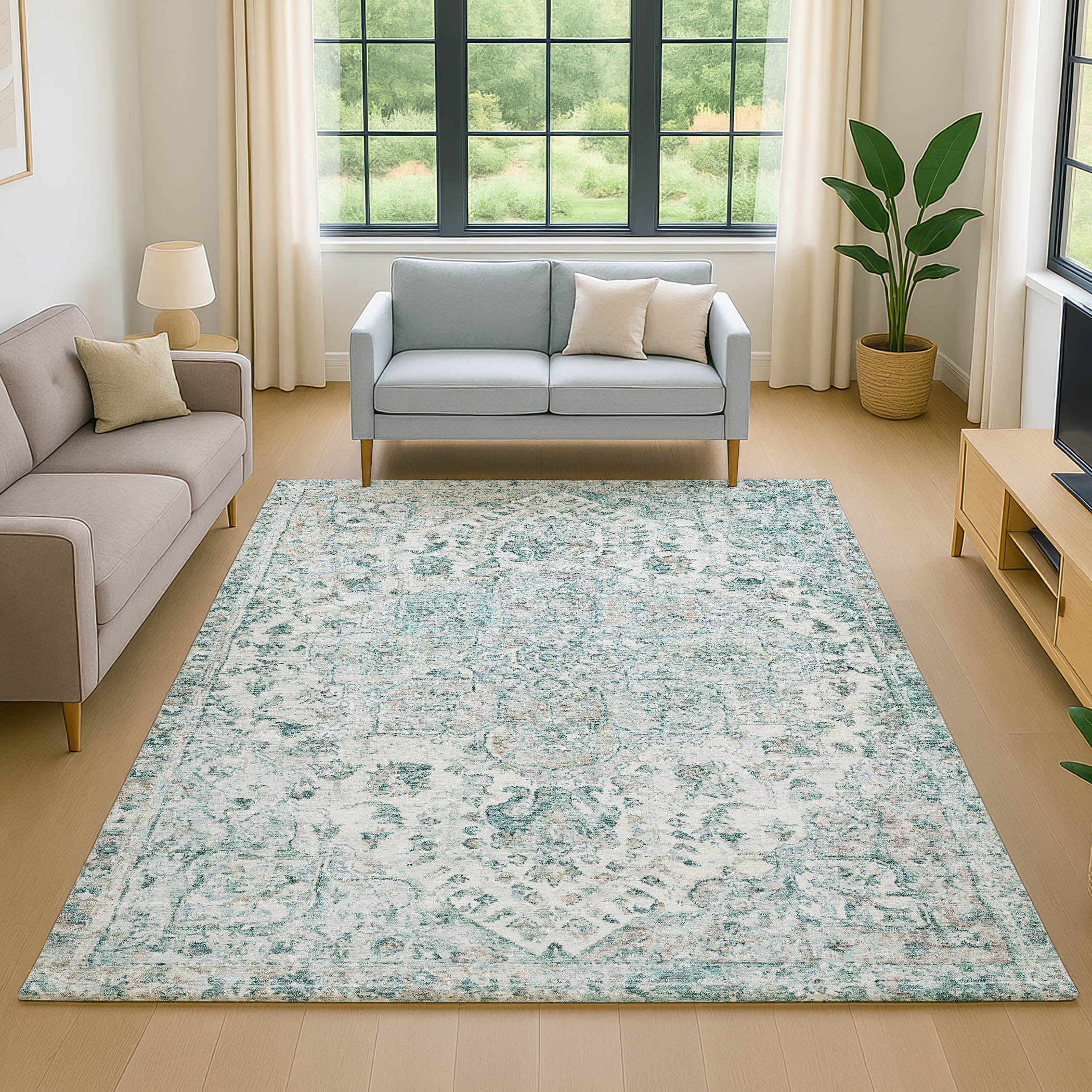 Bogota Machine Washable Traditional Teal Rug 2'6" x 3'10" #shape_Rectangle