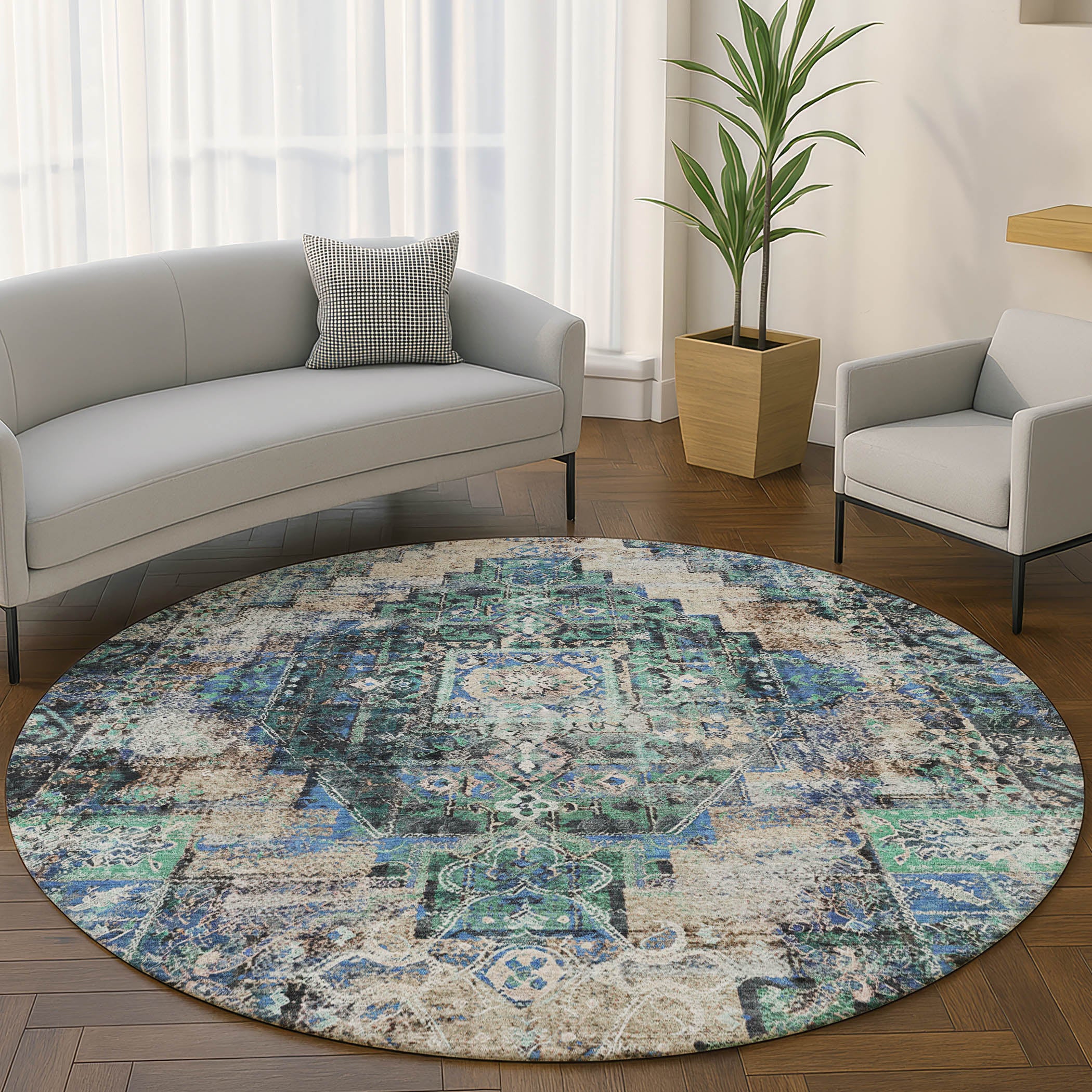 Hoi An Machine Washable Traditional Green Rug 8' x 8' #shape_Round