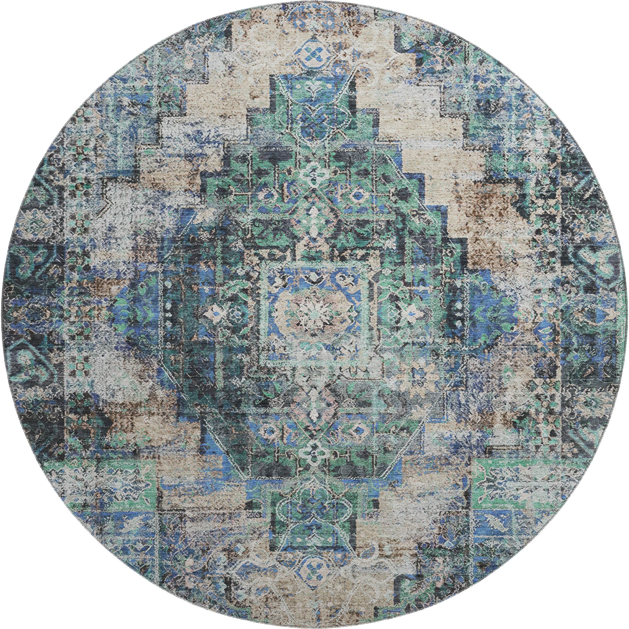 Hoi An Machine Washable Traditional Green Rug 8' x 8' #shape_Round