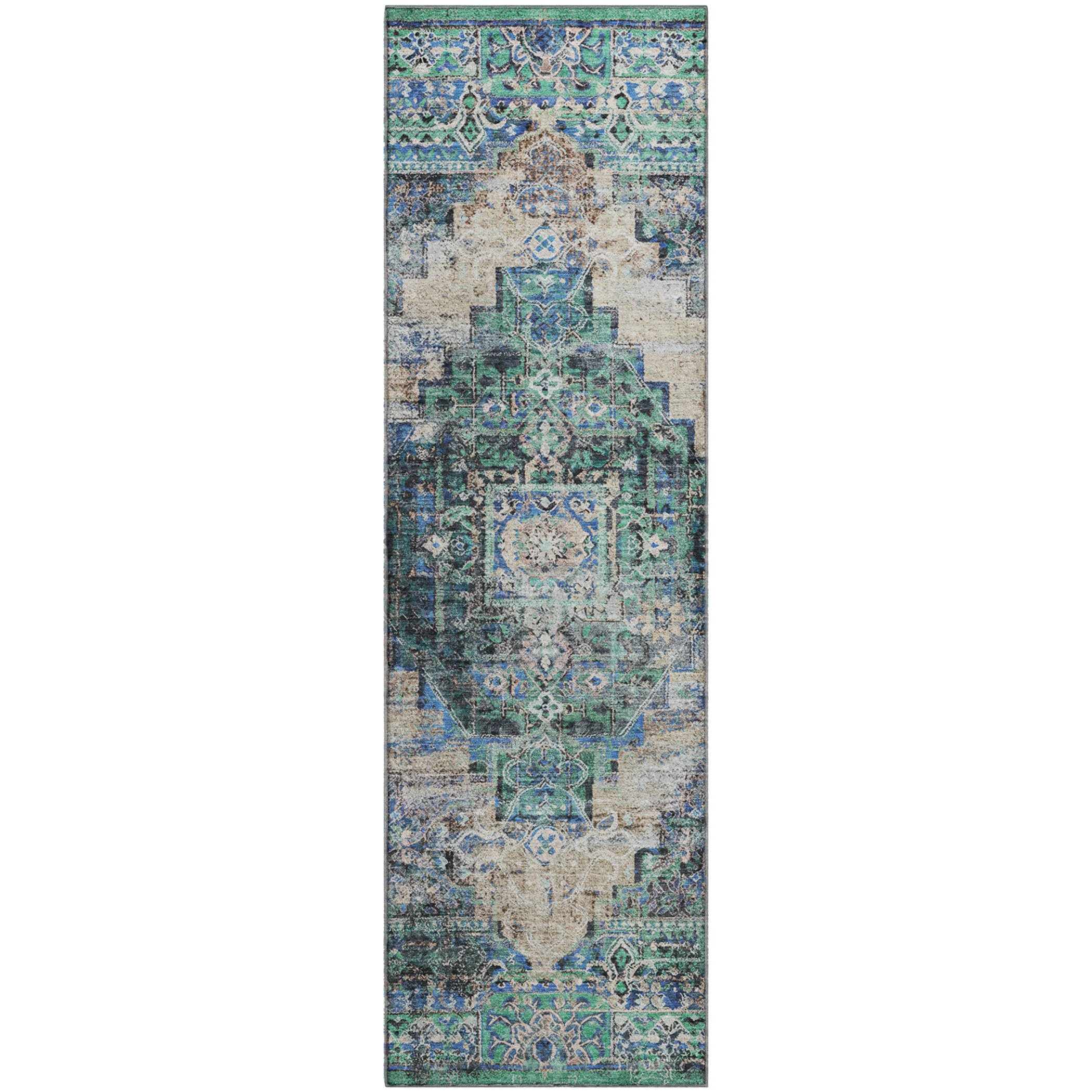 Hoi An Machine Washable Traditional Green Rug 2'3" x 7'6" #shape_Runner