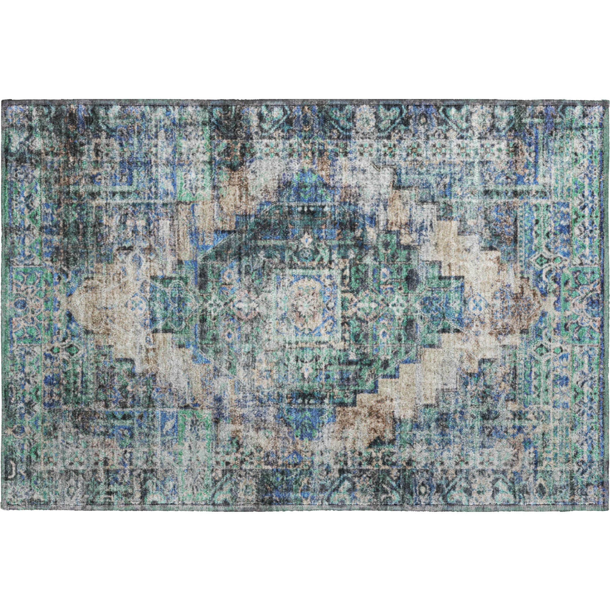 Hoi An Machine Washable Traditional Green Rug 1'8" x 2'6" #shape_Rectangle