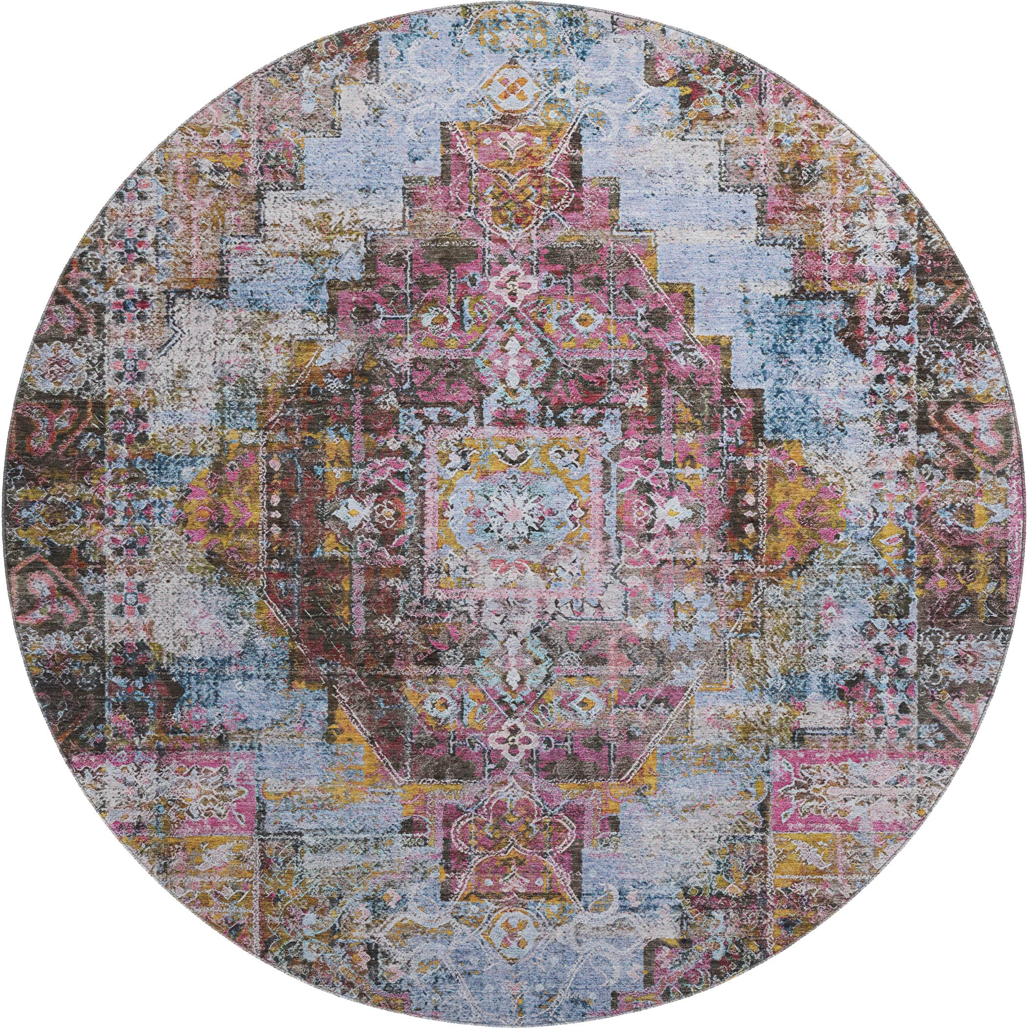 Hoi An Machine Washable Traditional Pink Rug 8' x 8' #shape_Round