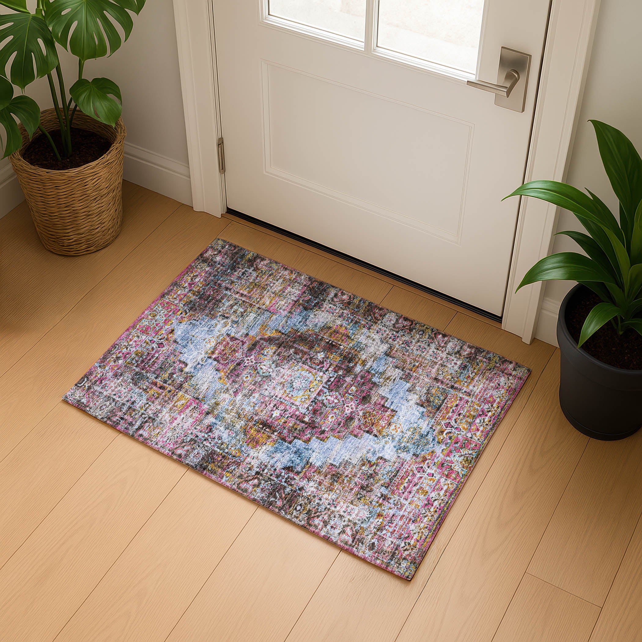 Hoi An Machine Washable Traditional Pink Rug 1'8" x 2'6" #shape_Rectangle