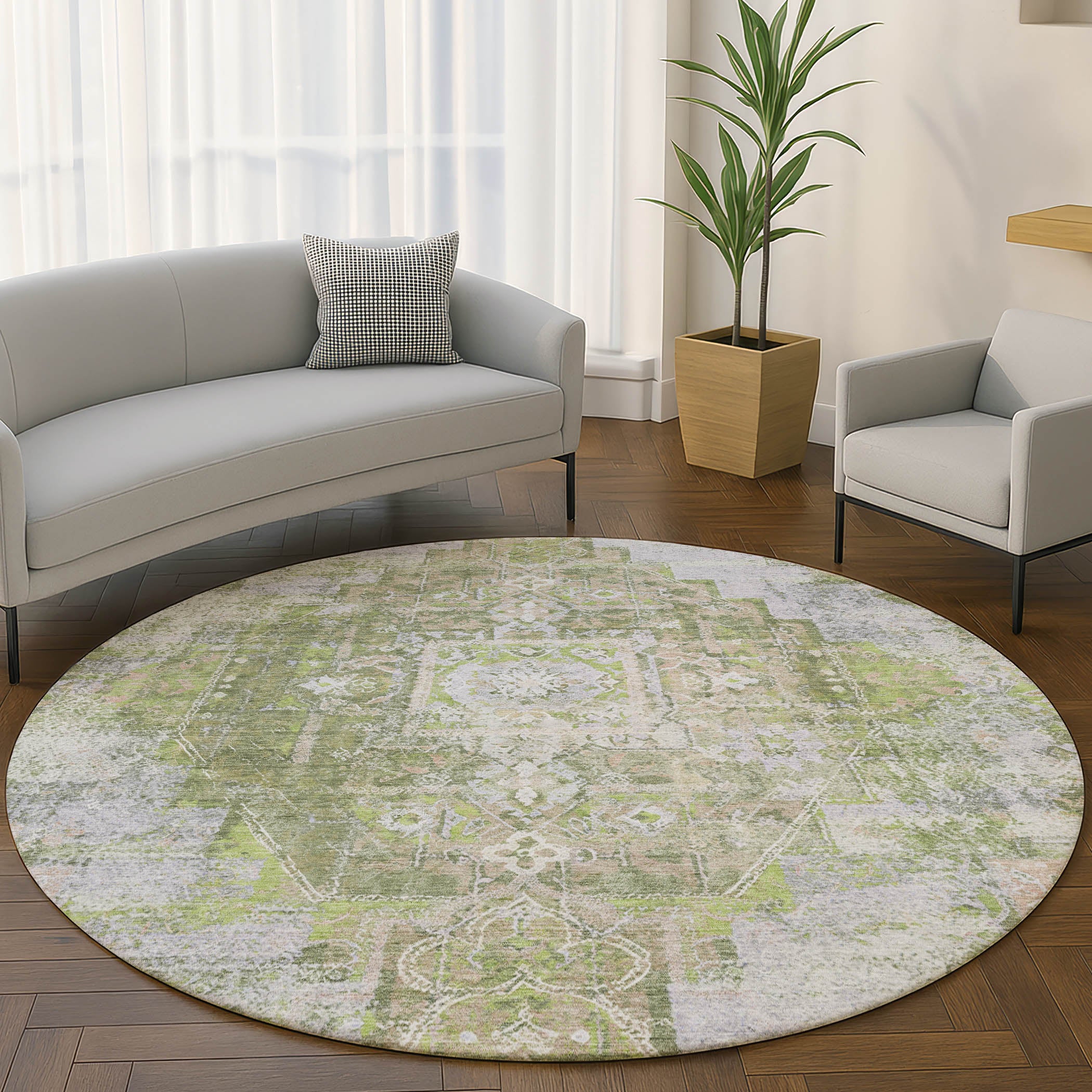 Hoi An Machine Washable Traditional Aloe Green Rug 8' x 8' #shape_Round