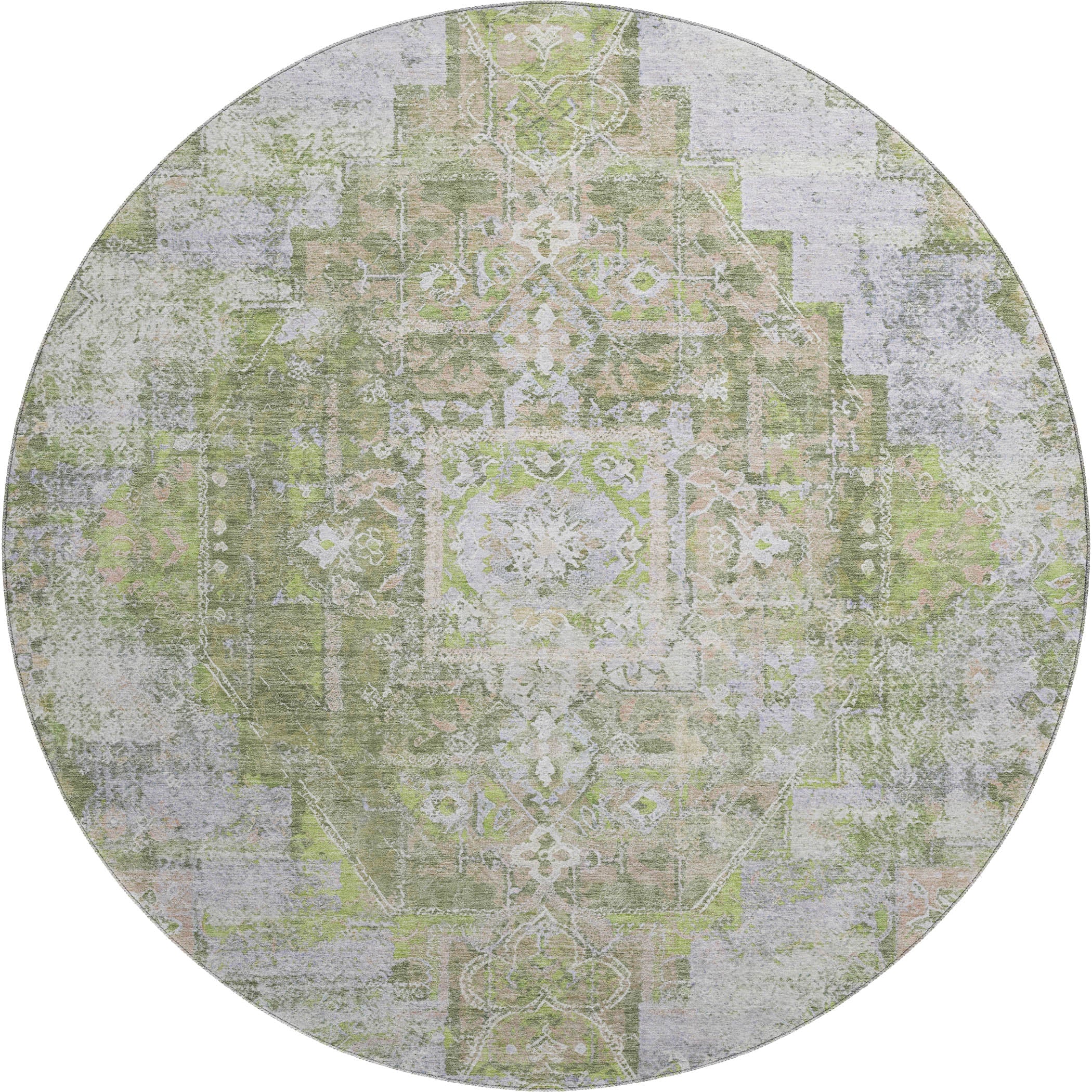 Hoi An Machine Washable Traditional Aloe Green Rug 8' x 8' #shape_Round