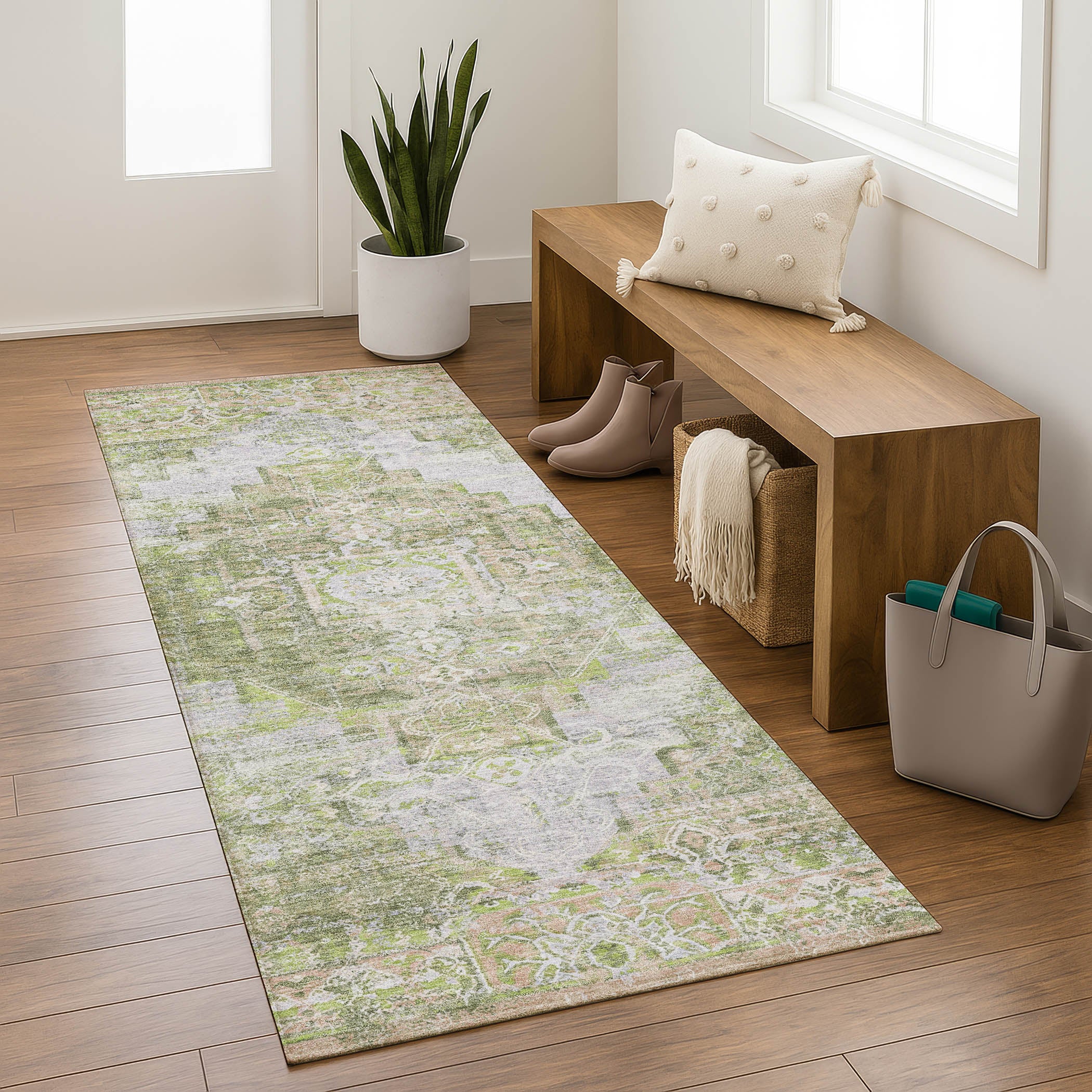 Hoi An Machine Washable Traditional Aloe Green Rug 2'3" x 7'6" #shape_Runner
