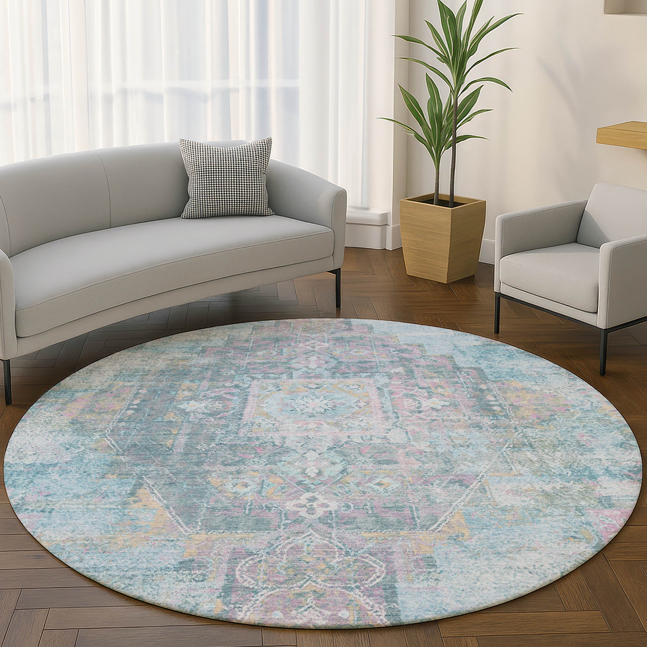 Hoi An Machine Washable Traditional Blue Rug 8' x 8' #shape_Round