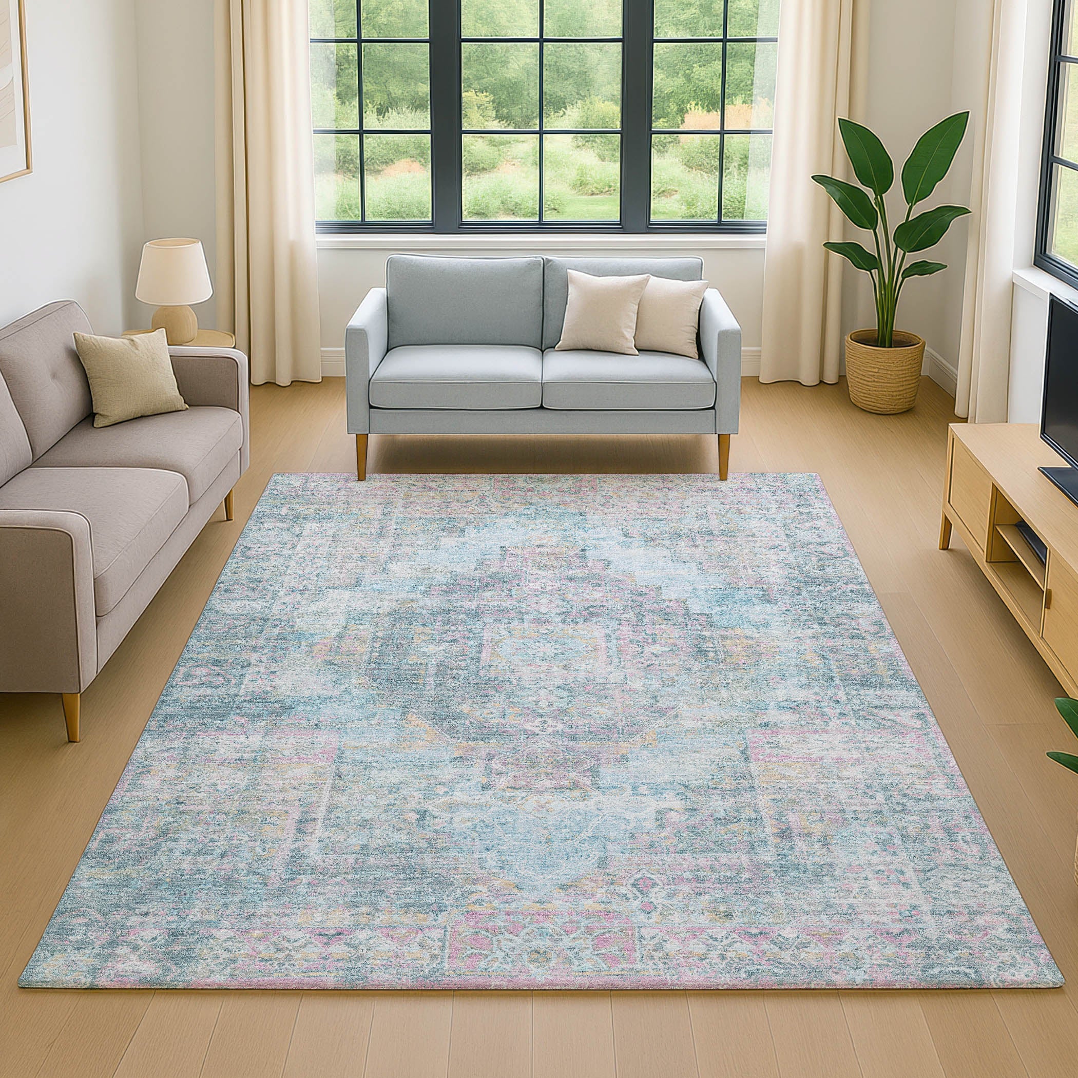 Hoi An Machine Washable Traditional Blue Rug 2'6" x 3'10" #shape_Rectangle