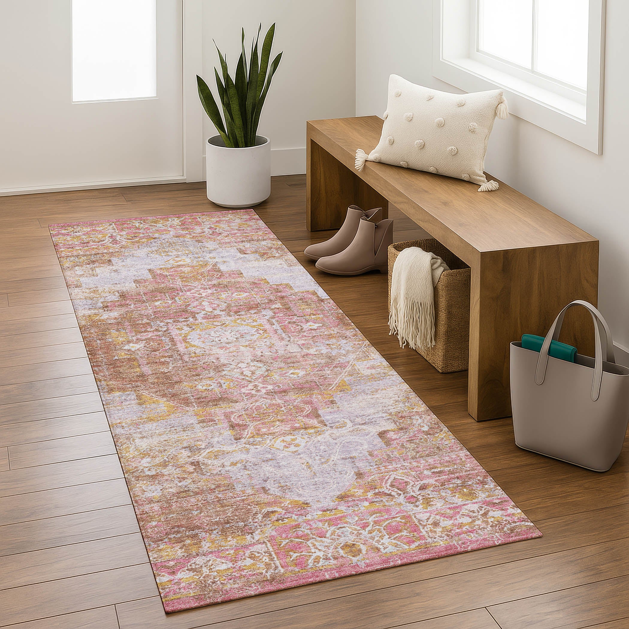 Hoi An Machine Washable Traditional Blush Pink Rug 2'3" x 7'6" #shape_Runner