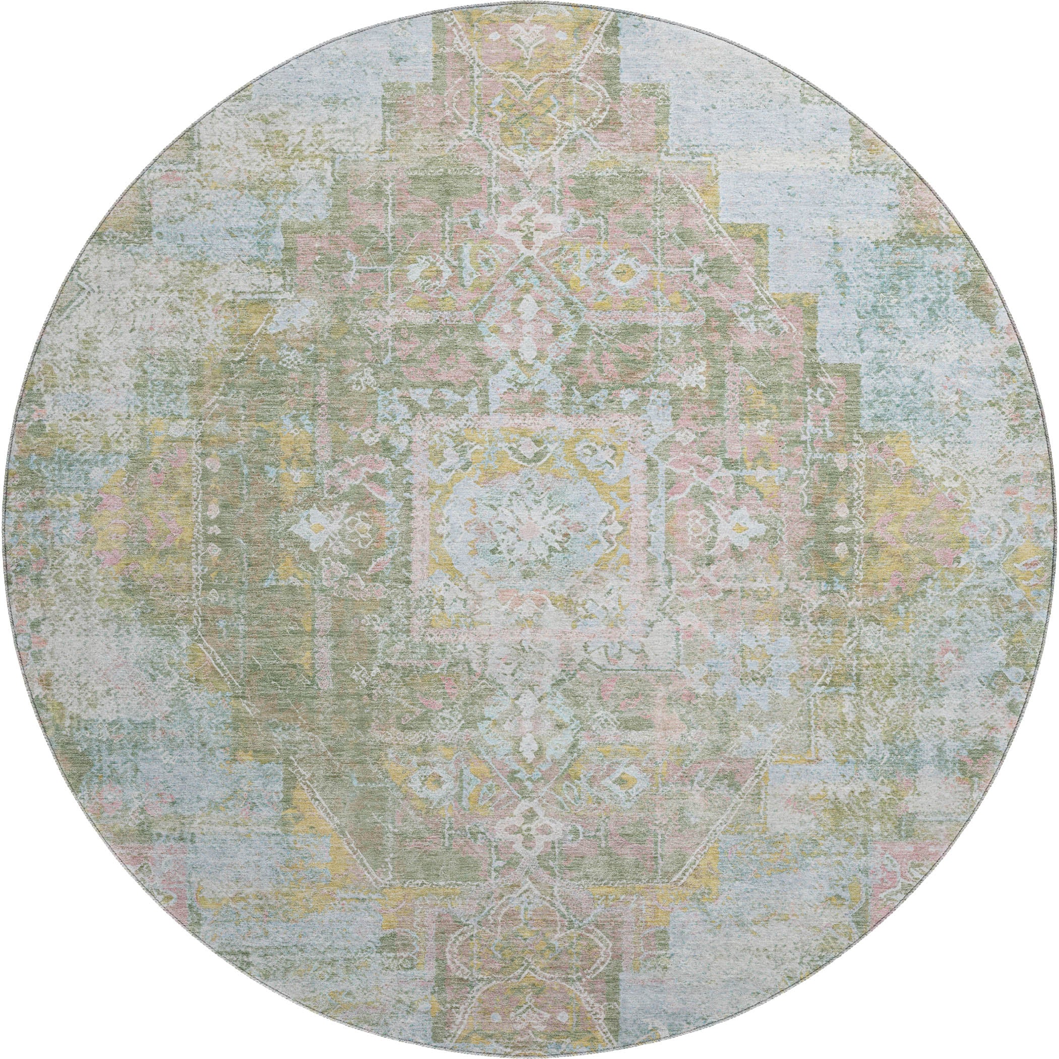 Hoi An Machine Washable Traditional Green Rug 8' x 8' #shape_Round