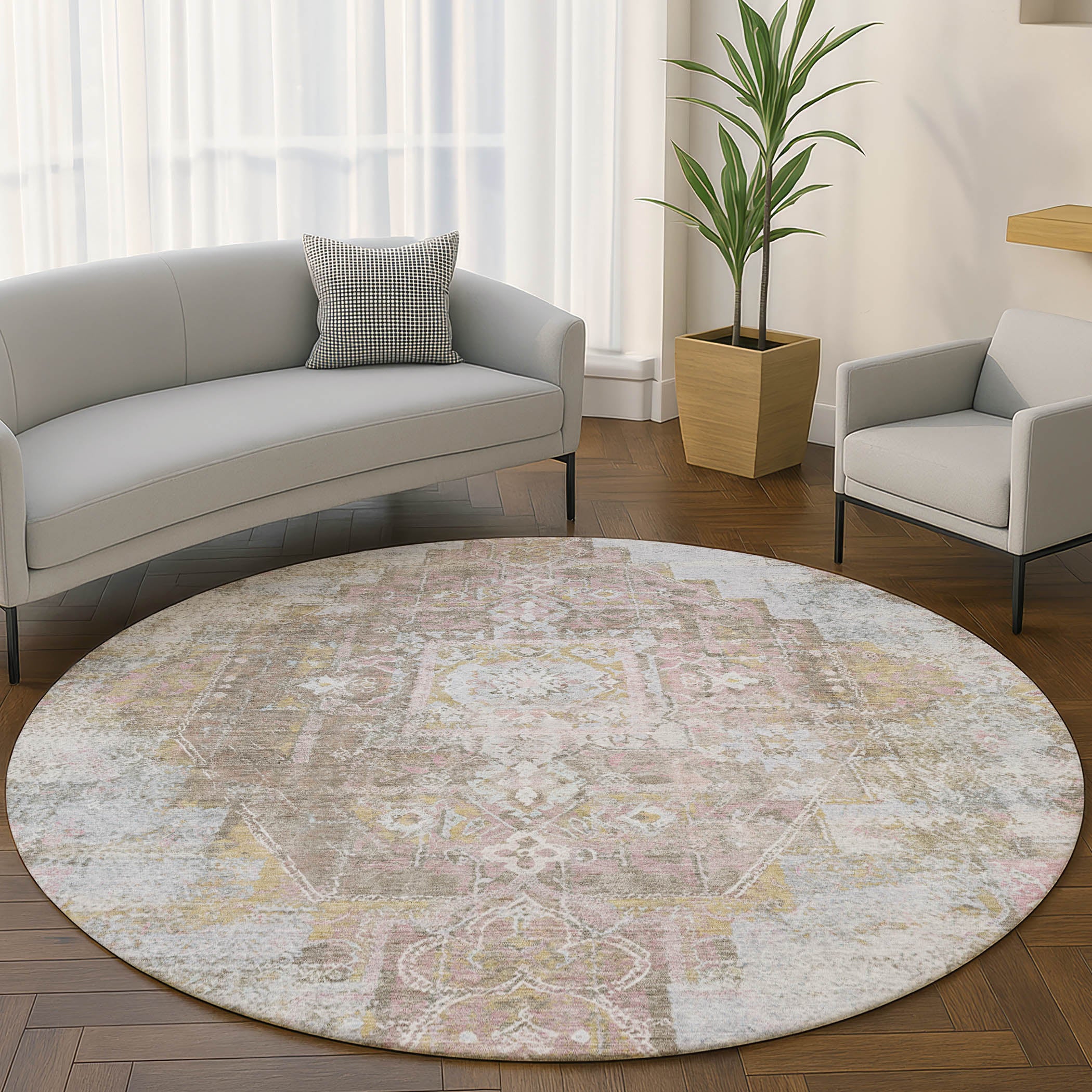 Hoi An Machine Washable Traditional Taupe Brown Rug 8' x 8' #shape_Round