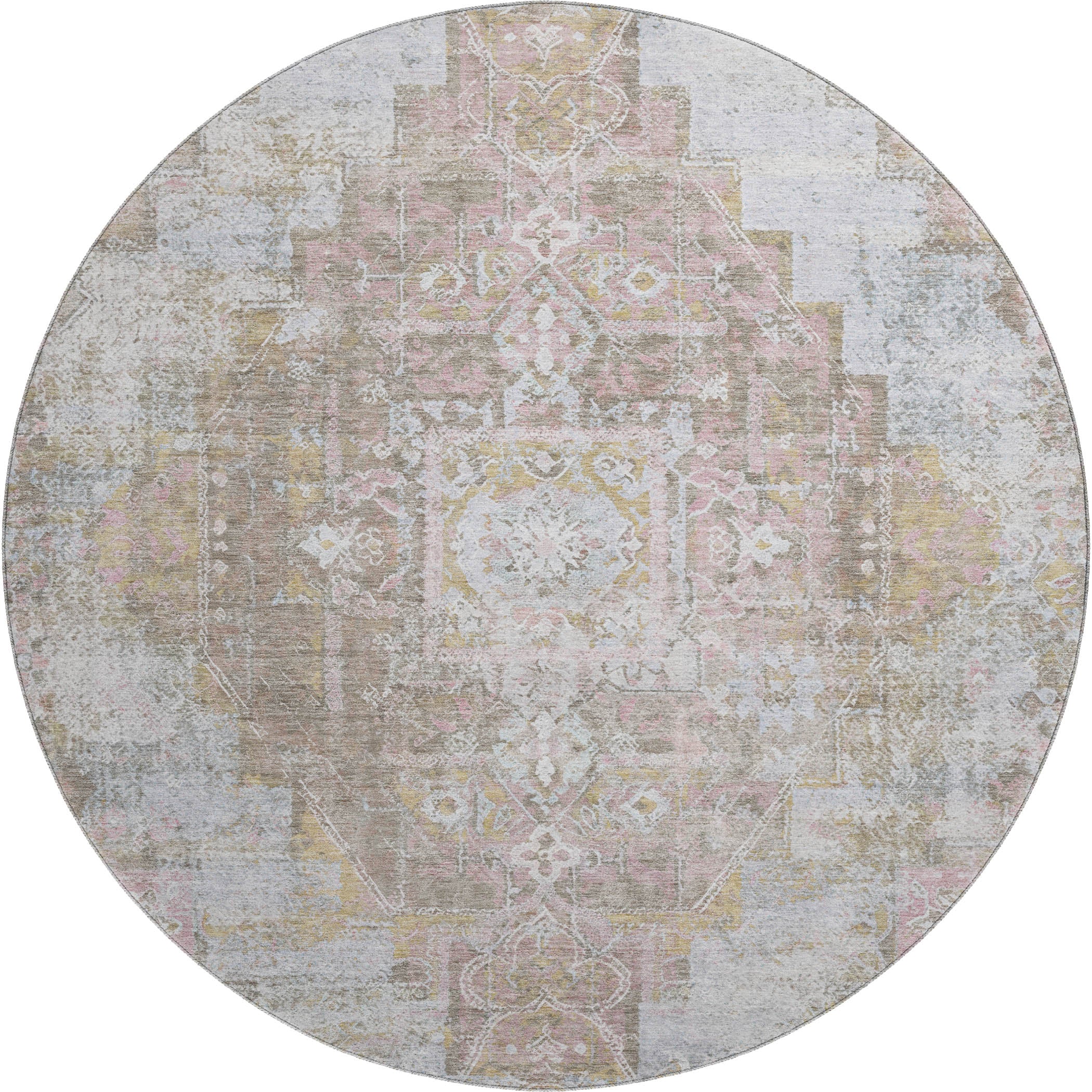 Hoi An Machine Washable Traditional Taupe Brown Rug 8' x 8' #shape_Round