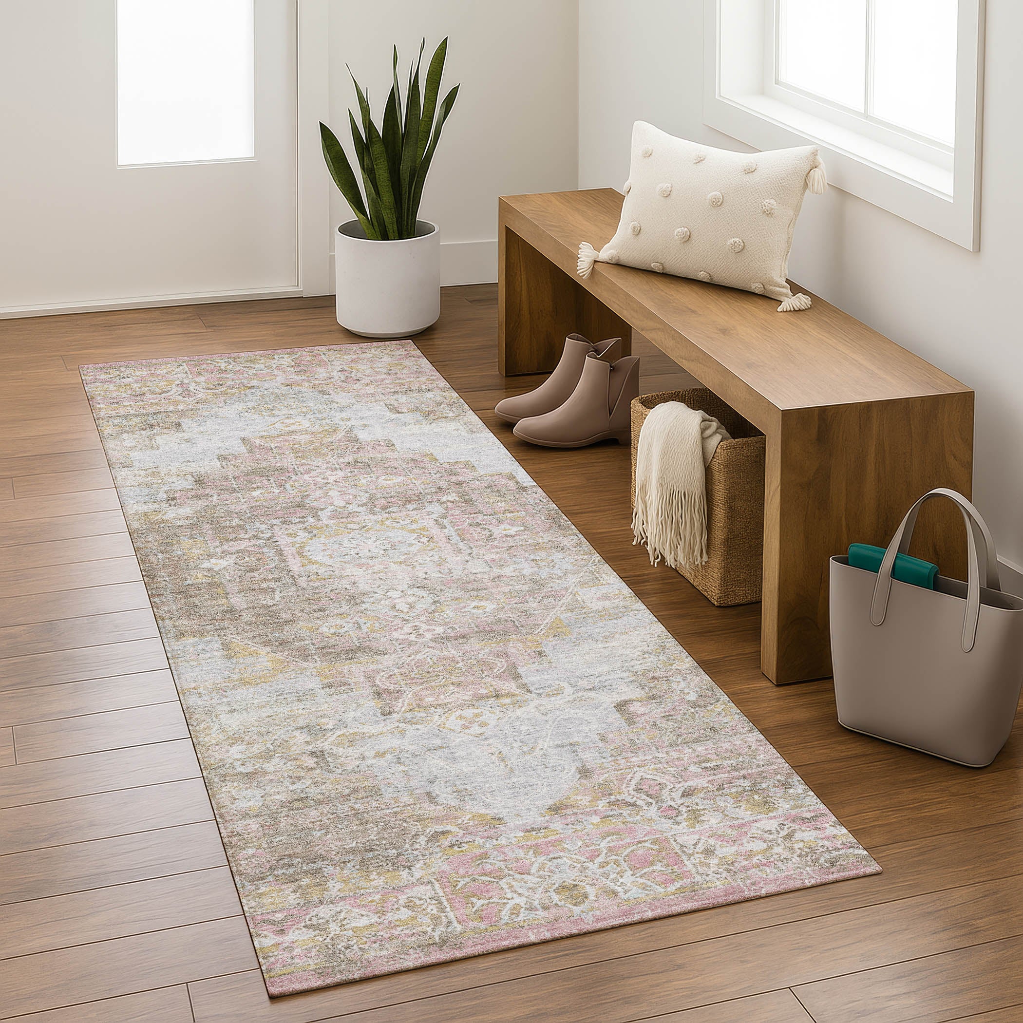 Hoi An Machine Washable Traditional Taupe Brown Rug 2'3" x 7'6" #shape_Runner