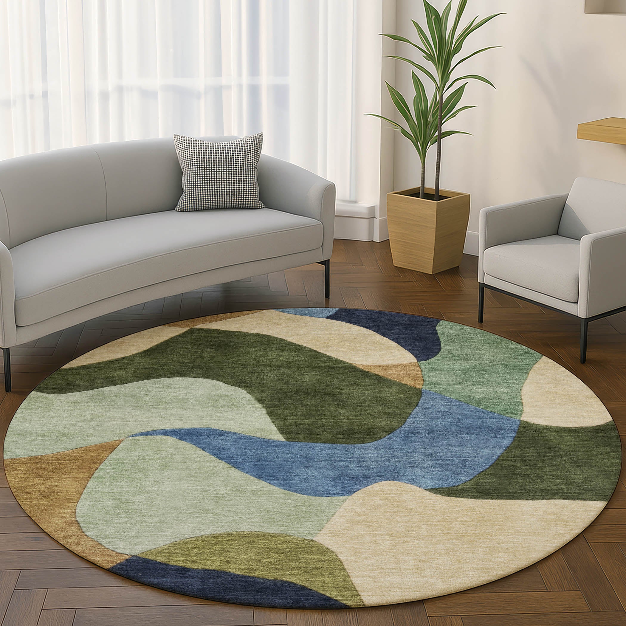 Bangkok Machine Washable Transitional Green Rug 8' x 8' #shape_Round