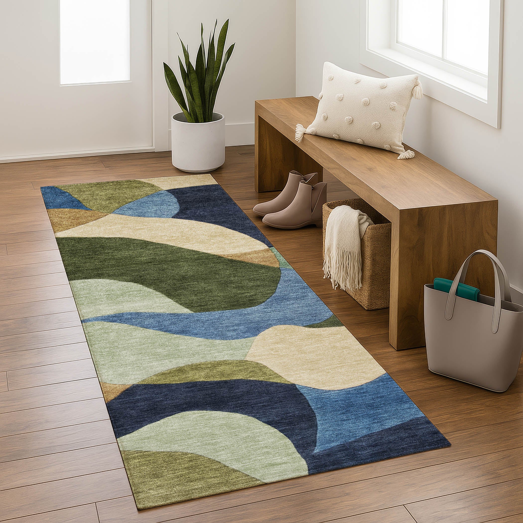 Bangkok Machine Washable Transitional Green Rug 2'3" x 7'6" #shape_Runner