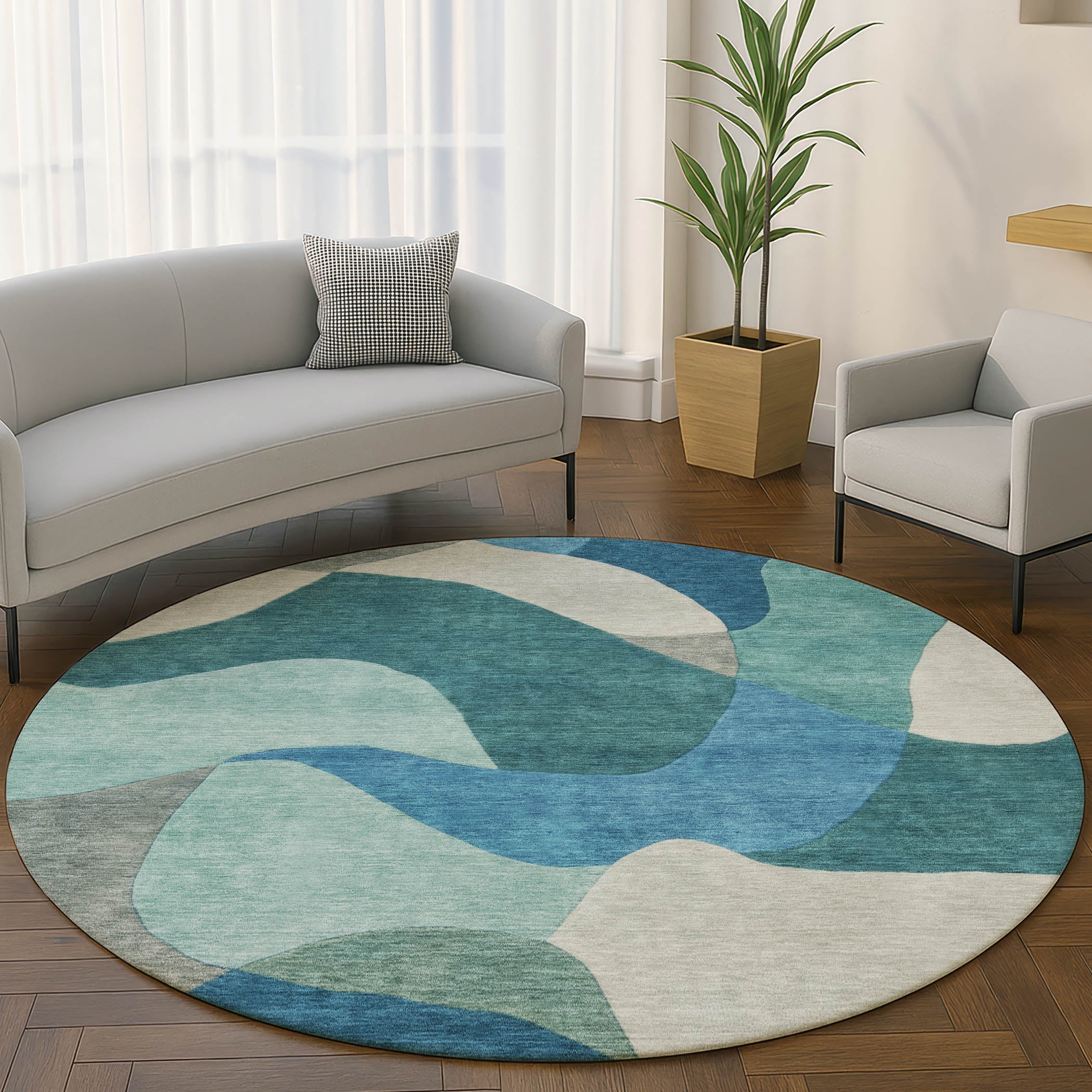 Bangkok Machine Washable Transitional Teal Rug 8' x 8' #shape_Round