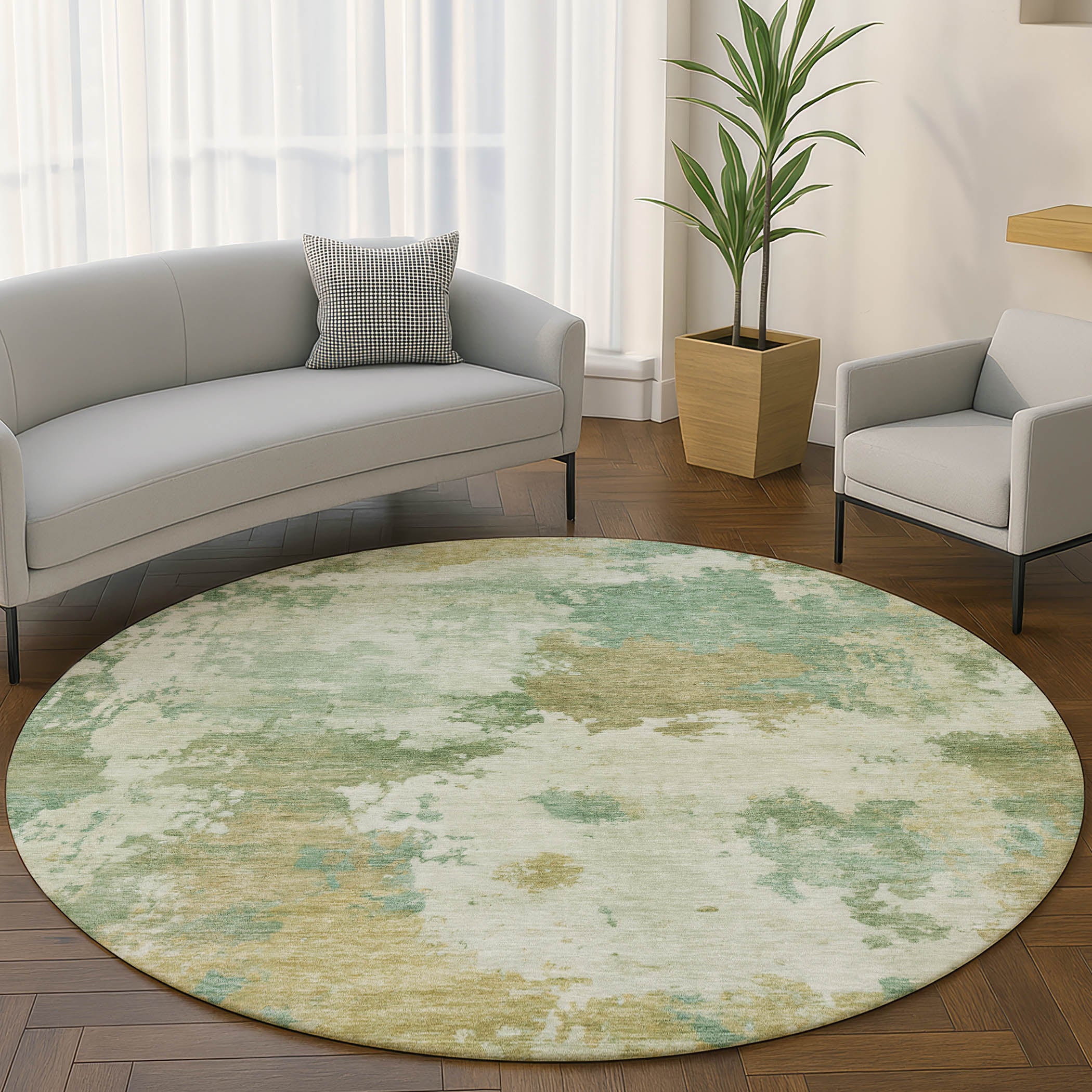 Chiang Mai Machine Washable Transitional Aloe Green Rug 8' x 8' #shape_Round