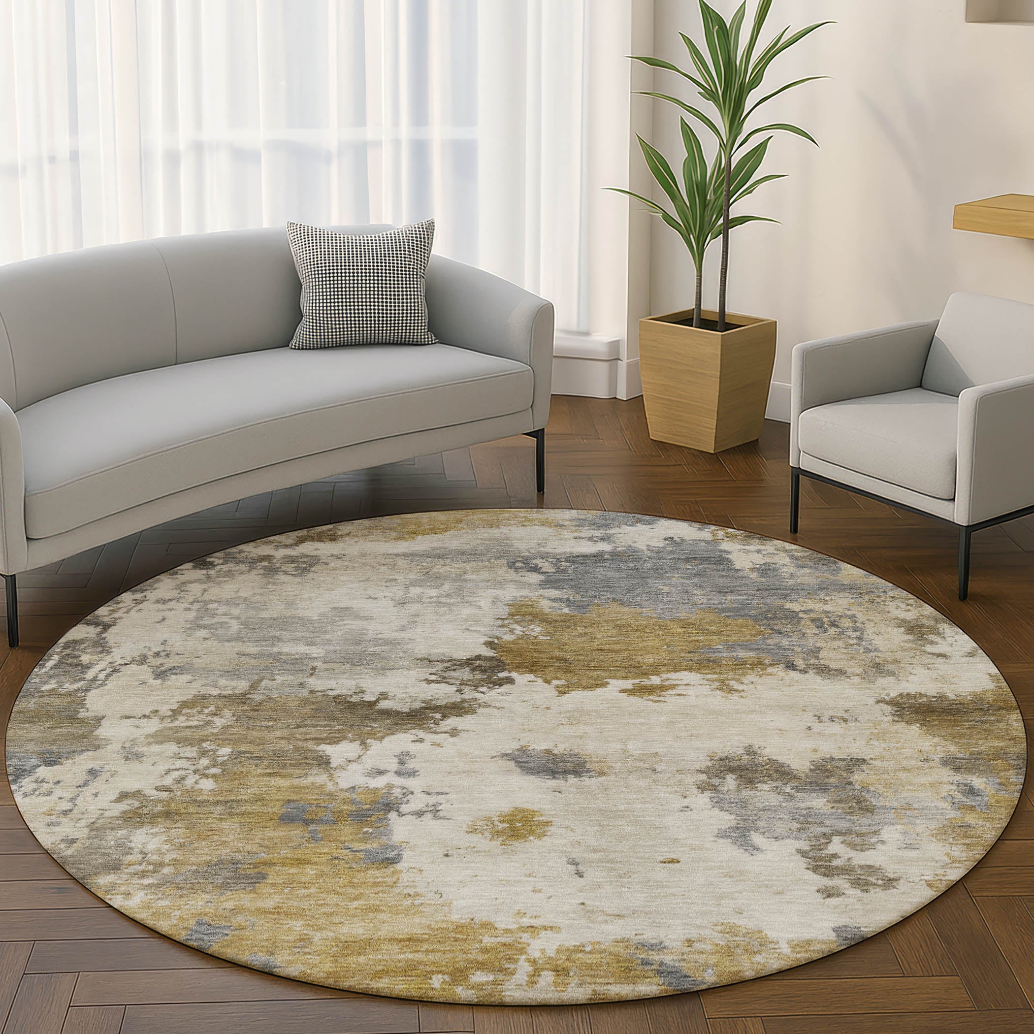 Chiang Mai Machine Washable Transitional Brown Rug 8' x 8' #shape_Round