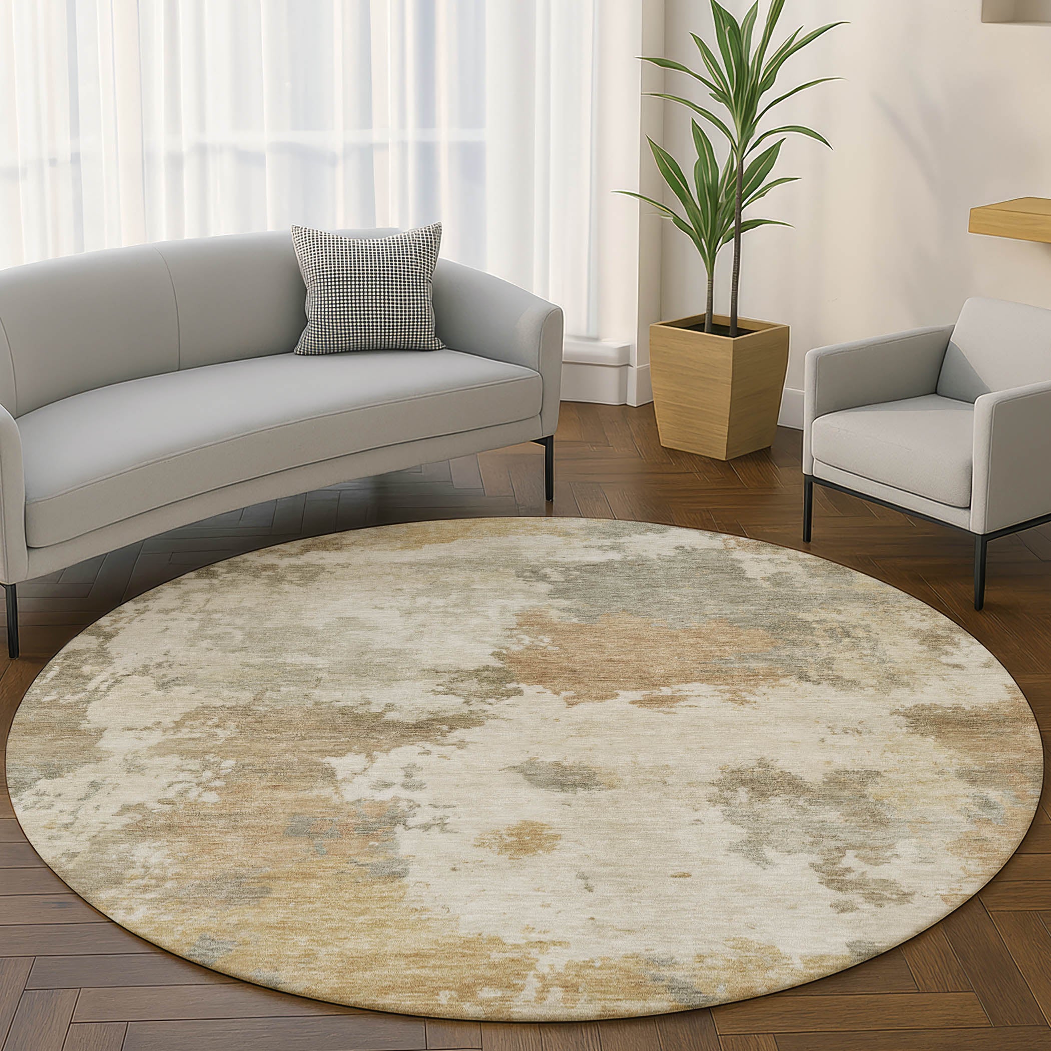 Chiang Mai Machine Washable Transitional Khaki Brown Rug 8' x 8' #shape_Round