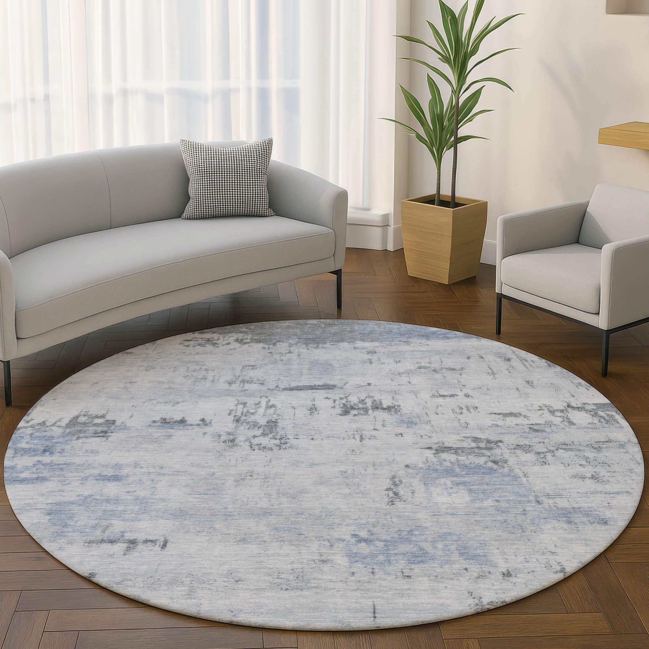 Marrakech Machine Washable Transitional Blue Rug 8' x 8' #shape_Round