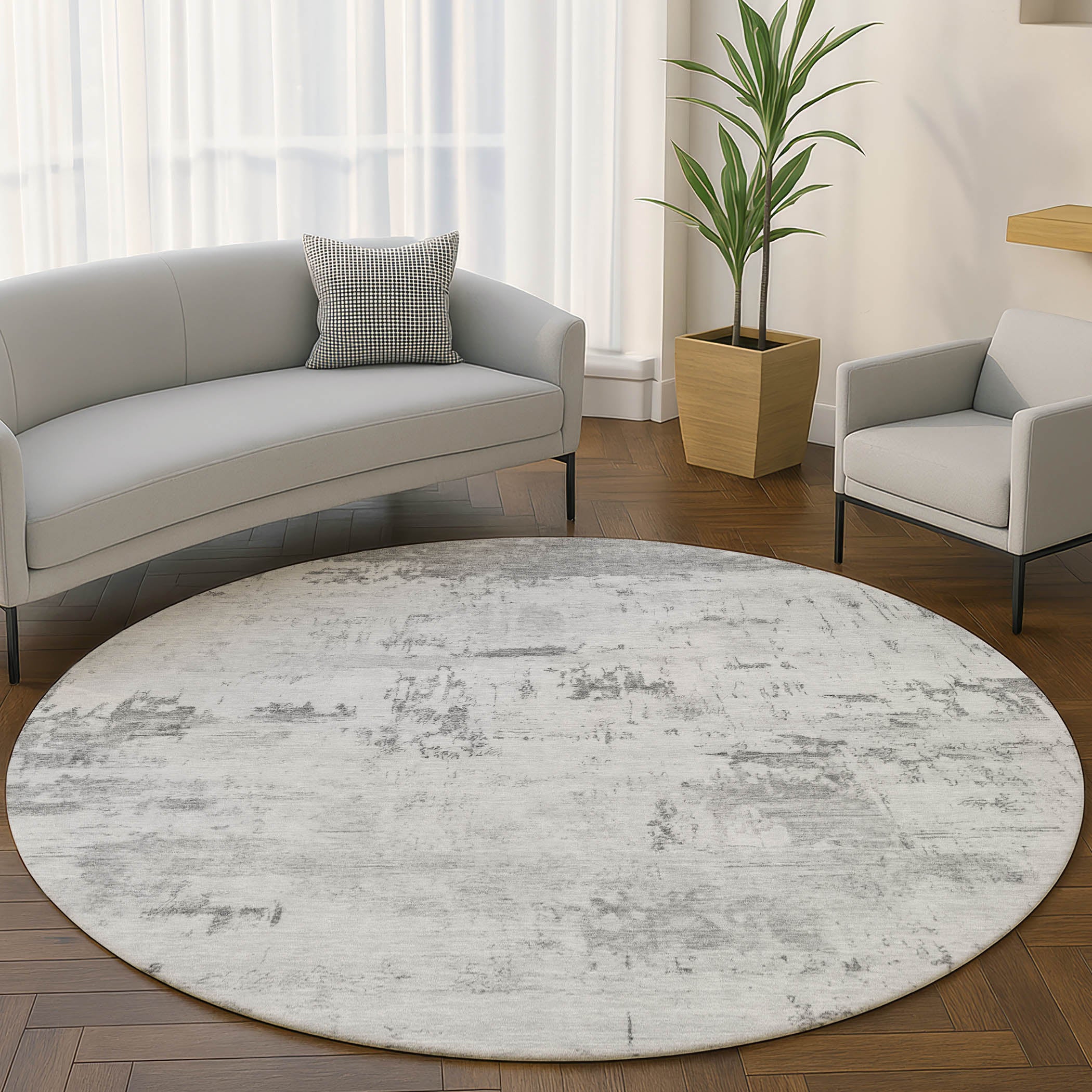 Marrakech Machine Washable Transitional Silver Gray Rug 8' x 8' #shape_Round